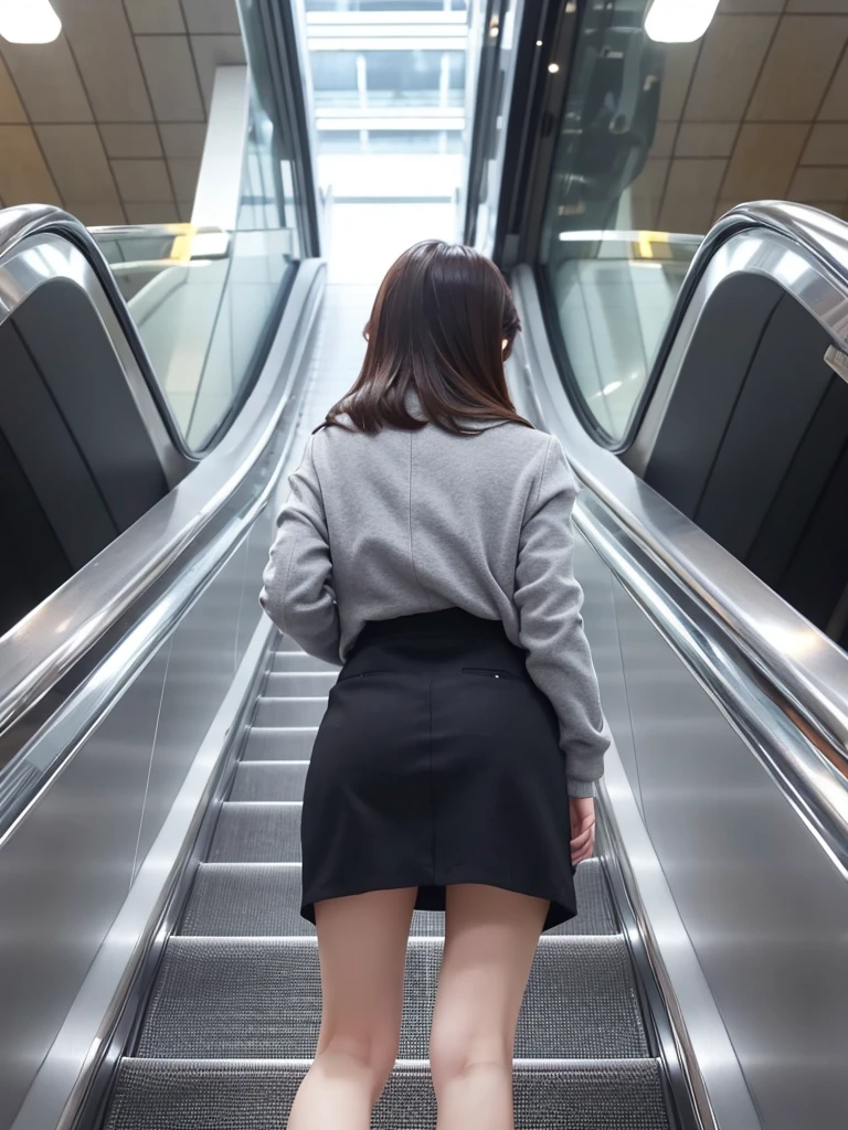 Up Escalator Skirt、short coat、bottom body close up、View from behind、Very low camera angle、Slouched、bent forward、Panchira