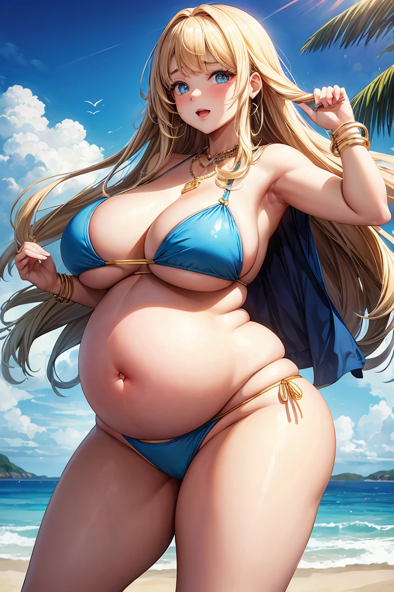 Highest quality, solo, Obese young woman, tall, overweight, really fat, large natural breasts, pregnant belly, one navel, beautiful Chubby face, long blonde hair, bikini, standing, beach, diamond ring, golden bracelet, dynamic pose, cute expression 