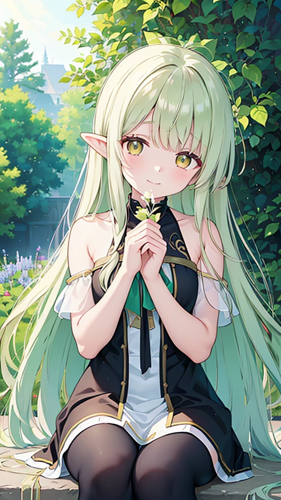 Name: Virides
Element: VERDANTHIA
Description: A serene and gentle guardian from the enchanted forest, Virides is a protective spirit with the power to heal and nurture all forms of plant life. With vines oft entwining her limbs and hair, she carries an ancient cudgel tipped with emerald, imbued with the essence of life and growth.
Prompt: ((((Arborae izuna, Maxima qualitas, ultra alta resolución)))), 1girl, serene, sitting, (green hair, leaves entwined:1), long winding hair, (fair elven skin), ((emerald eyes)), ((shimmering medium-bright eyes)), (((detailed face, leaves in hair texture:0.8))), ((centered, slightly angled to the side)), (full shot), facing viewer, (((outdoors, sun near sunlight, blooming flowers:0.9))), C cup, twin-tailed, ((looks soothing, tilting head)) (((expressive face, gentle smile, gentle demeanor))), (((radiant, soft light, nature based backdrop))), 25 years old, calm, peaceful, allows nearby plants to grow, chokes non-nurturing organisms