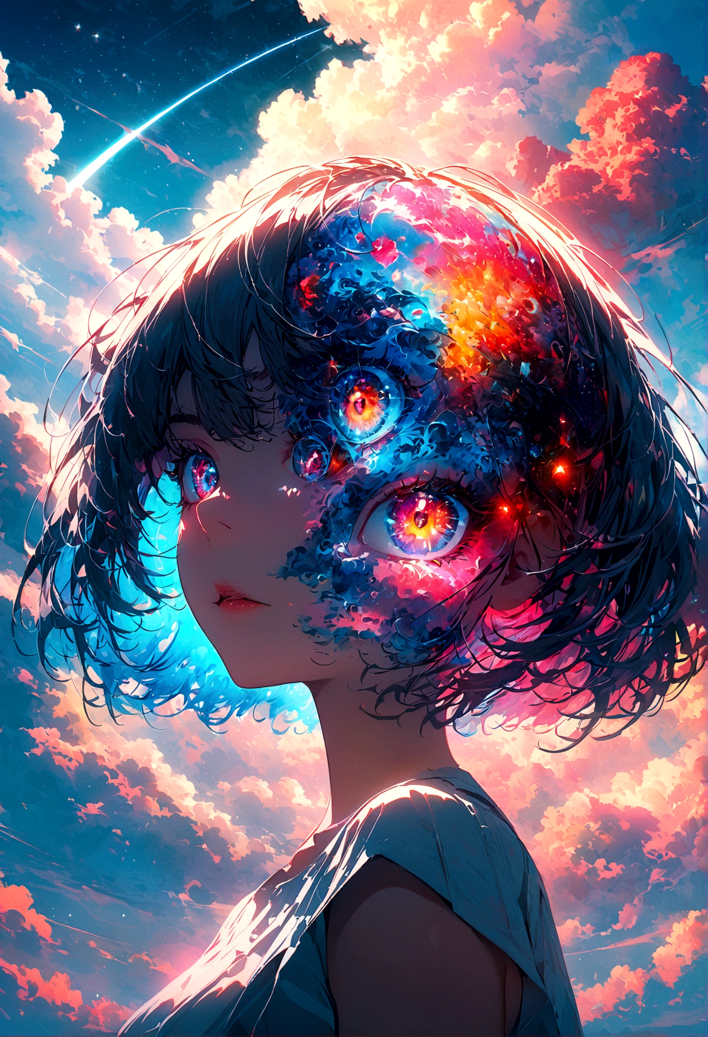 woman, Silver flowing short hair, Cosmic eyes, Beautiful sky, Beautiful clouds, In summer,Improve resolution