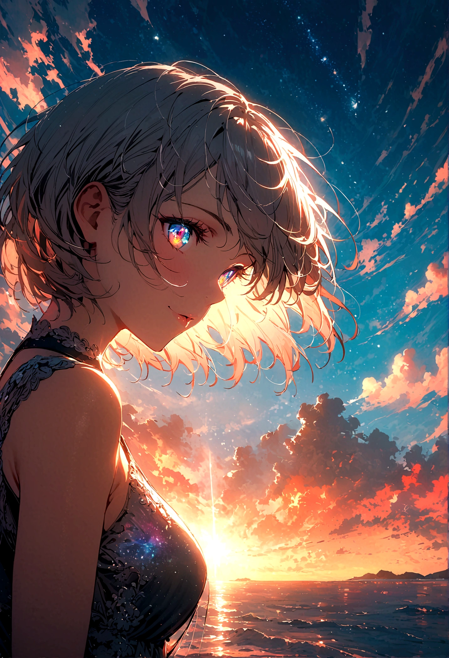 woman， Silver flowing short hair, Cosmic eyes,  Beautiful sky, Beautiful clouds, In summer，Improve resolution