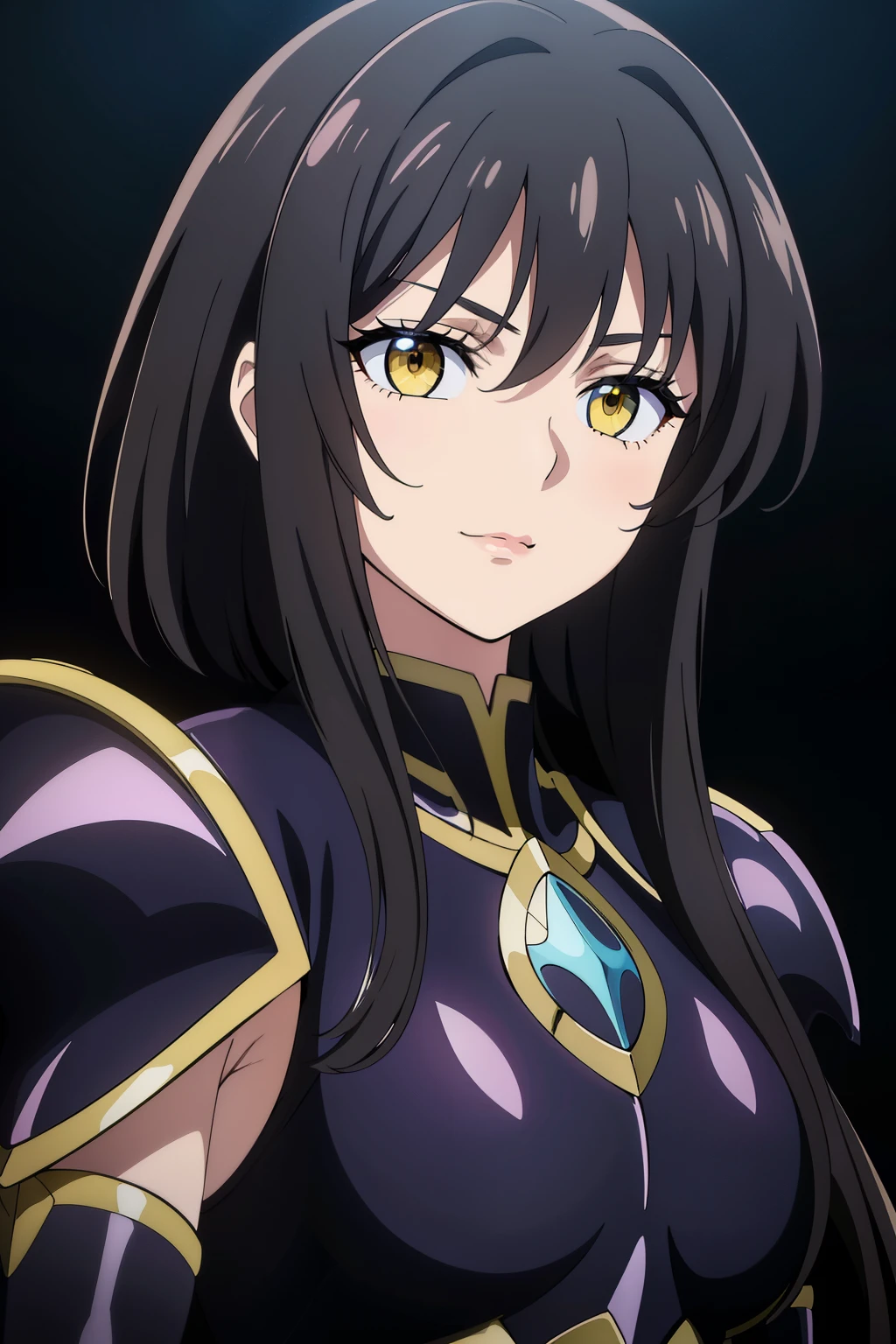 (high-quality, breathtaking),(expressive eyes, perfect face) portrait, Symmetrical Eyes, 1girl, female, solo, adult, black hair color, yellow coloured eyes, short hair length, side bangs, fluffy hair, looking at viewer, portrait, black background, narrow eyes, soft eerie blue lighting background, rock terrain background, Hades Armor, Hypnos Saint Seiya Armor, Thanatos Saint Seiya Armor, Dark Purple Armor, trim, full plate, feminine face, cute smile, half body shot, hair bow
