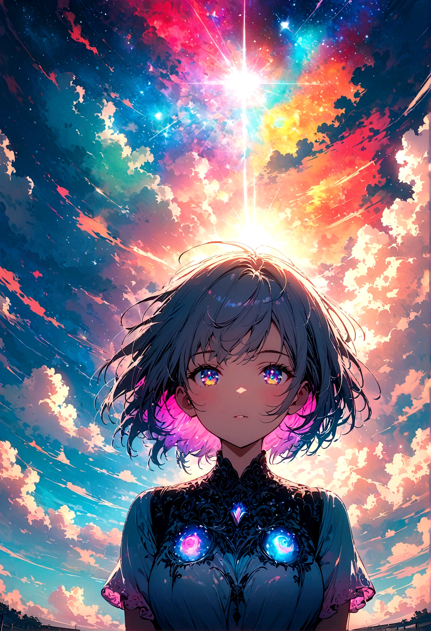woman, Silver flowing short hair, Cosmic eyes, Beautiful sky, Beautiful clouds, In summer,Improve resolution
