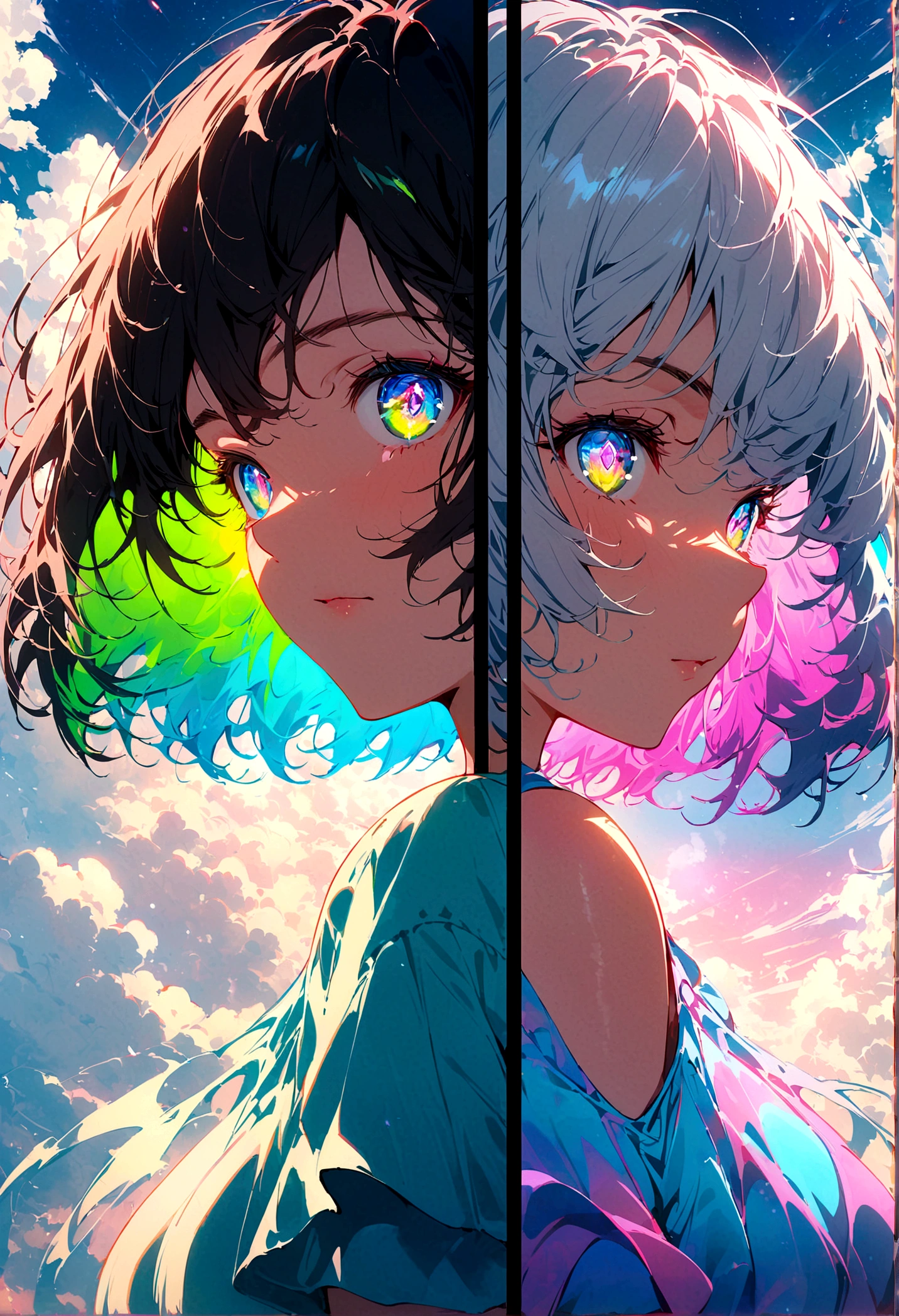 woman, Silver flowing short hair, Cosmic eyes, Beautiful sky, Beautiful clouds, In summer,Improve resolution