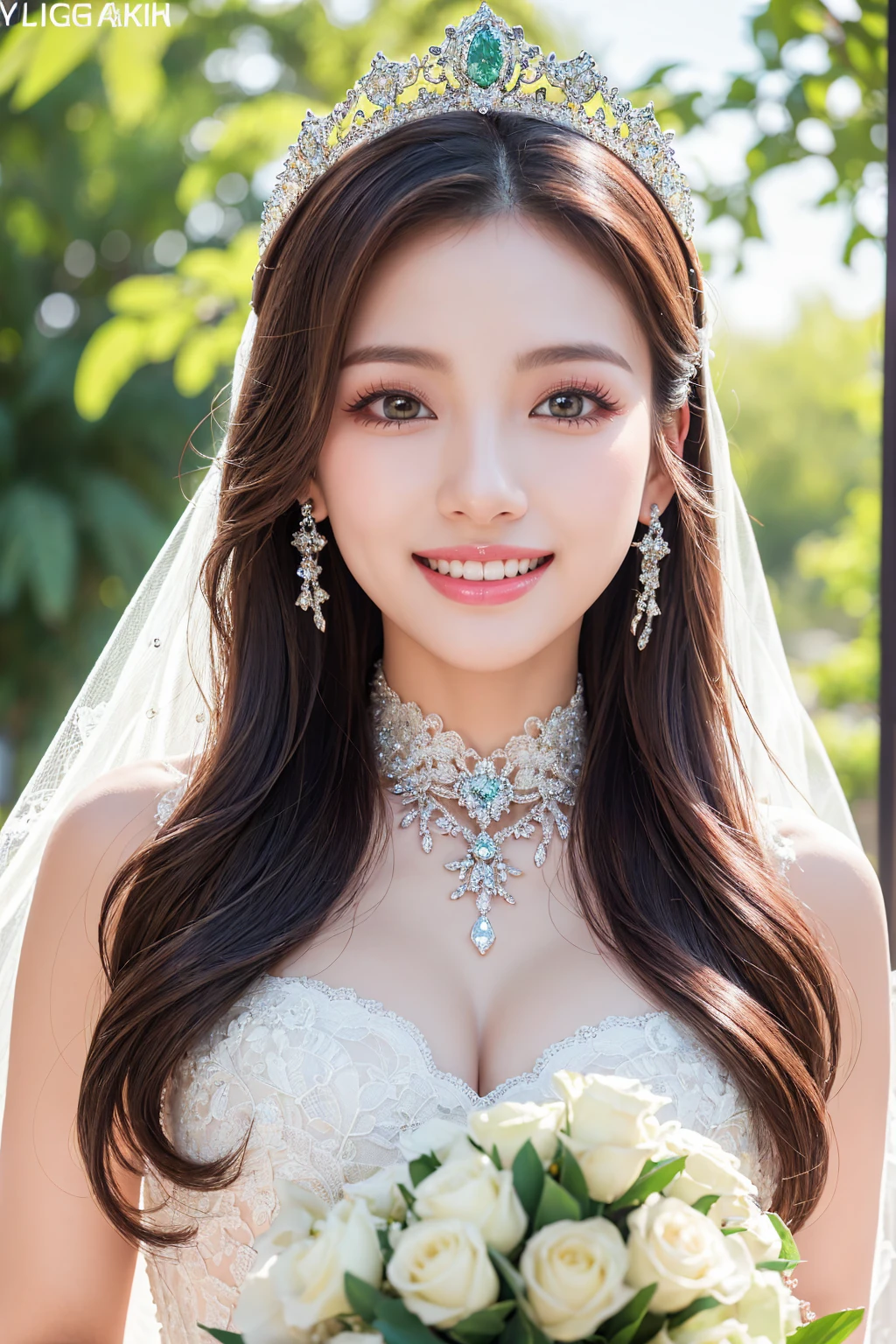Similar to Japanese actress Kyoko Fukada、Hair up Wedding dress necklace、Earrings、smile、E cup breasts whole body