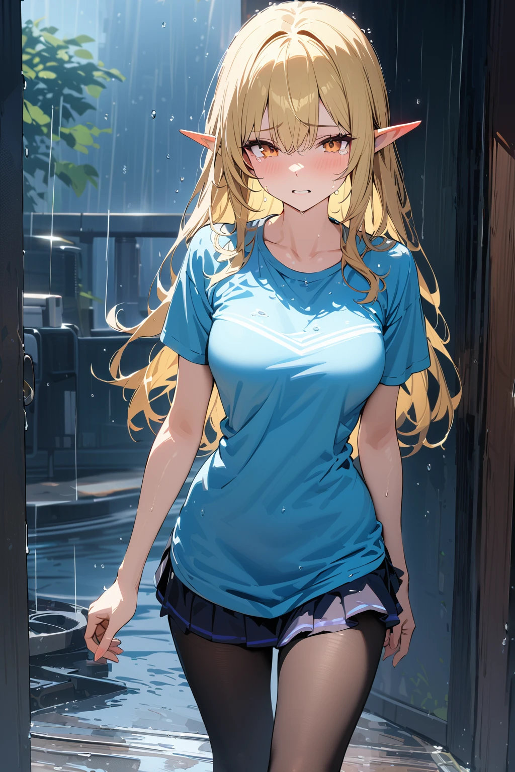 (masterpiece, best quality:1.5), (ultra detailed, high resolution, 8k, beautiful detailed, UHD, best anatomy), blonde hair, medium breasts, 1 cool elf, long Y-shirt, frill short skirt, Leggings, crying, It's raining, Rain soaked my whole body and clothes