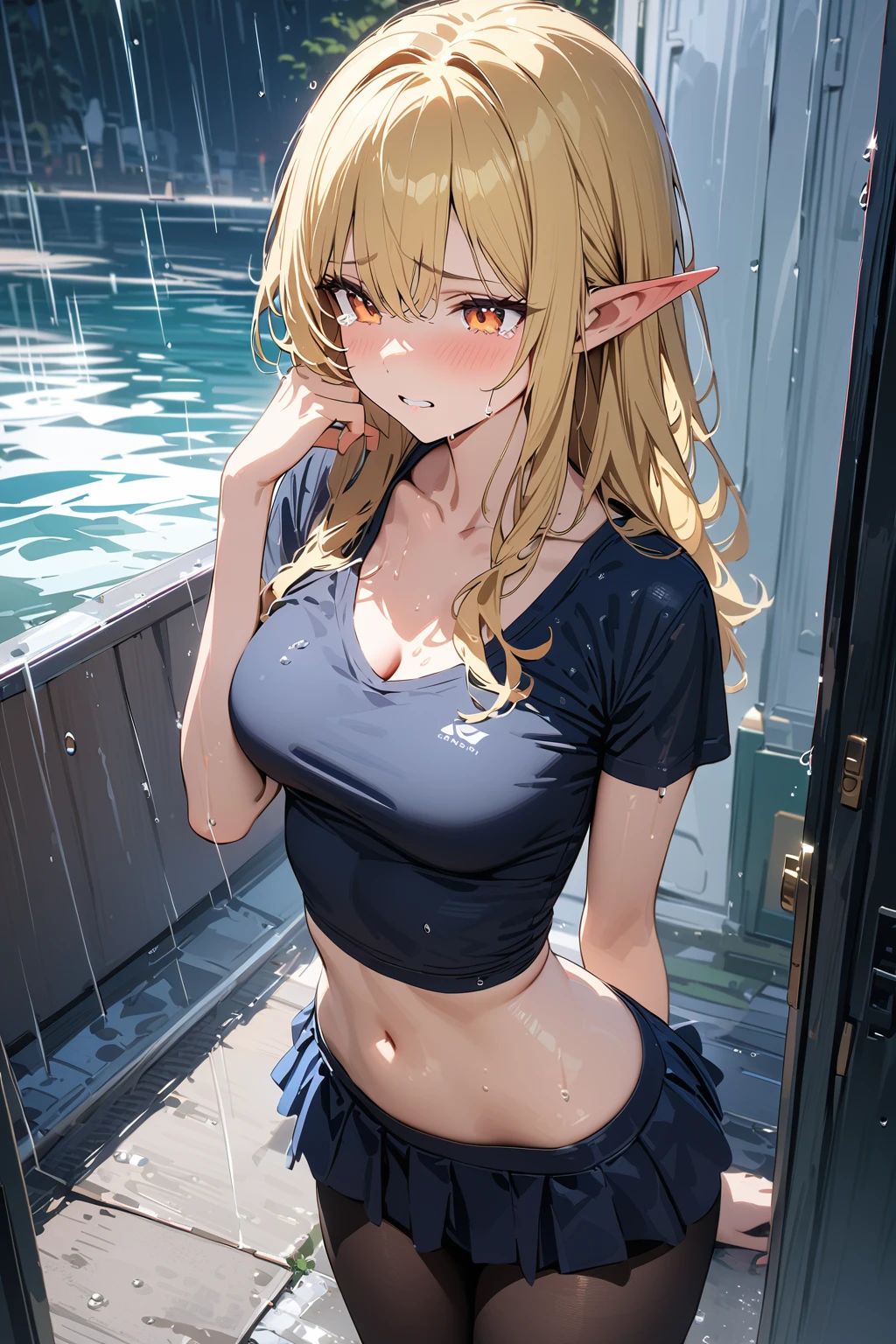 Young elf, golden hair, long hair, hime cut, J cup breast, thigh thigh, string slingshot swimsuit, gold color, pink areolas, peace sign, beach scene , masterpiece, love glasses, clear view