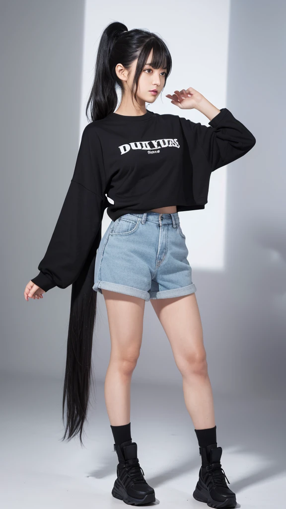 Black hair in a ponytail。
full body. 胸がでかい
