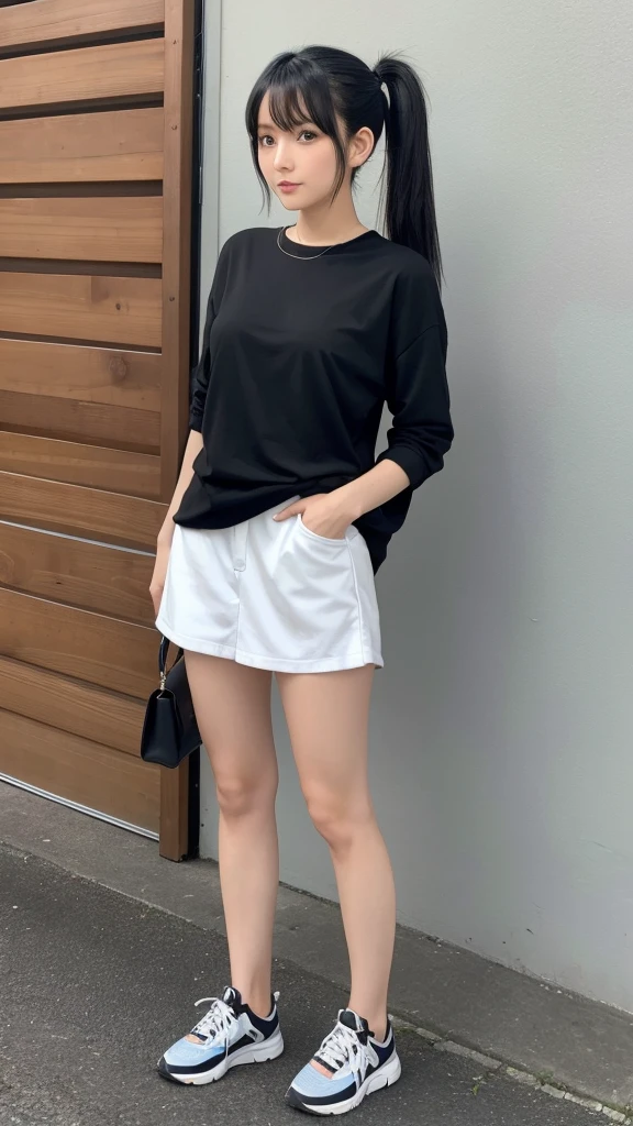 Black hair in a ponytail。
full body. 胸がでかい