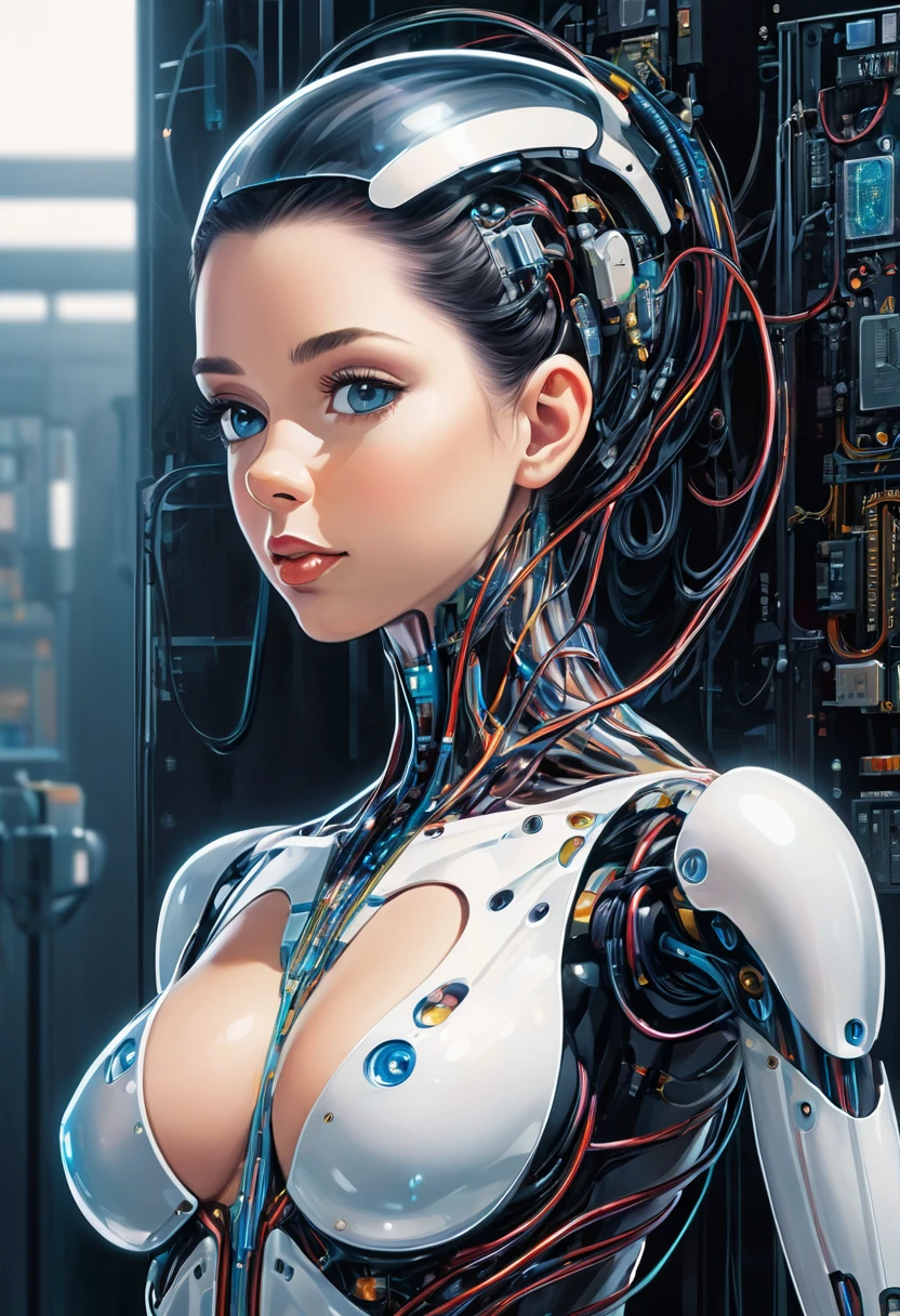 The portrait of an sexual android with the appearance of a beautiful young woman, anatomically correct, which has a semitransparent body, which allows you to see parts of its circuits, mechanical and organic parts and with the style of illustrator Lee Evans.