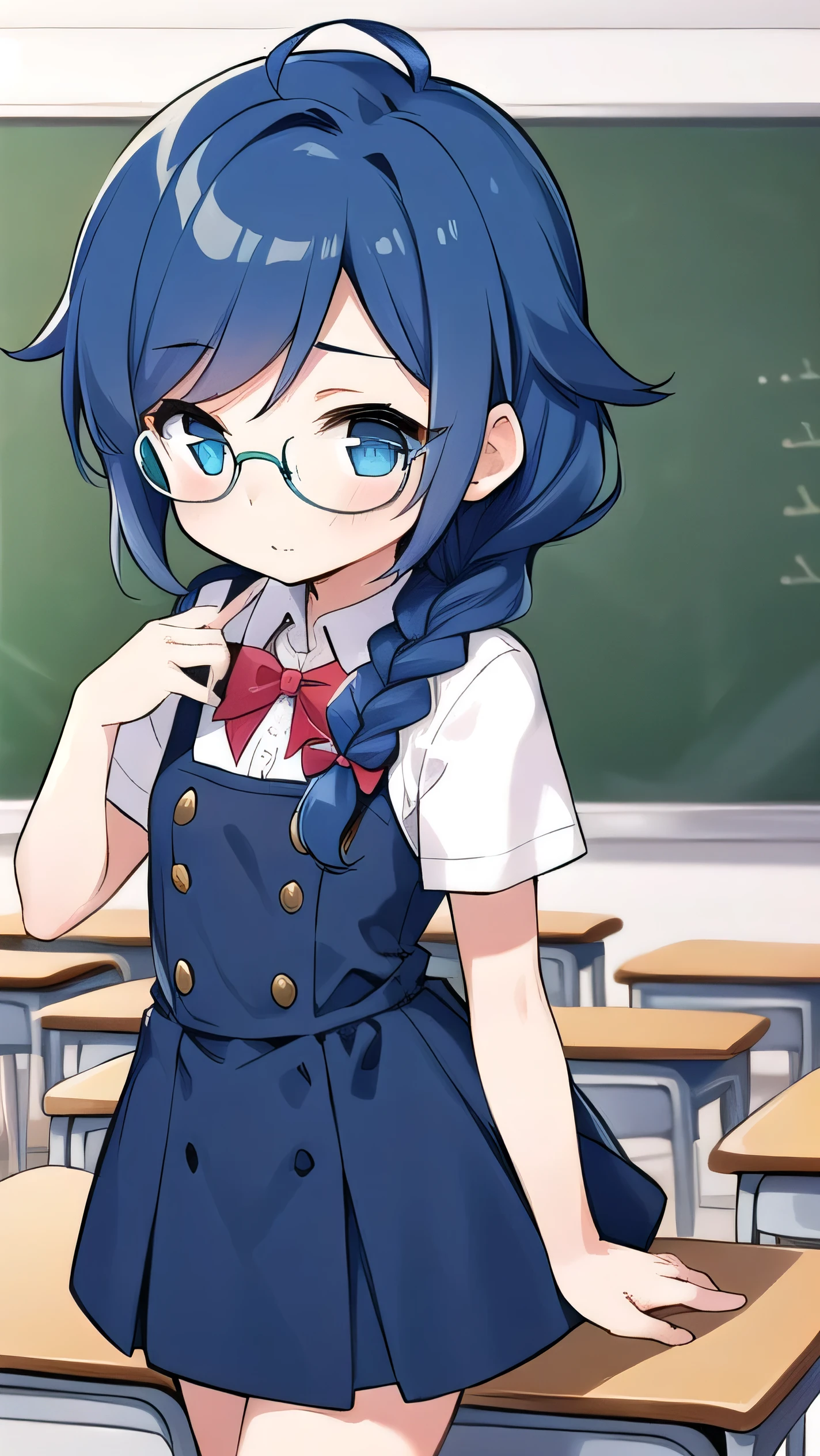 small breasted girl, short, elementary school student, blue hair, single braid, blue eyes, round eyes, shy, shy, classroom, short, young face, short height, , glasses with no edges,flat chest,