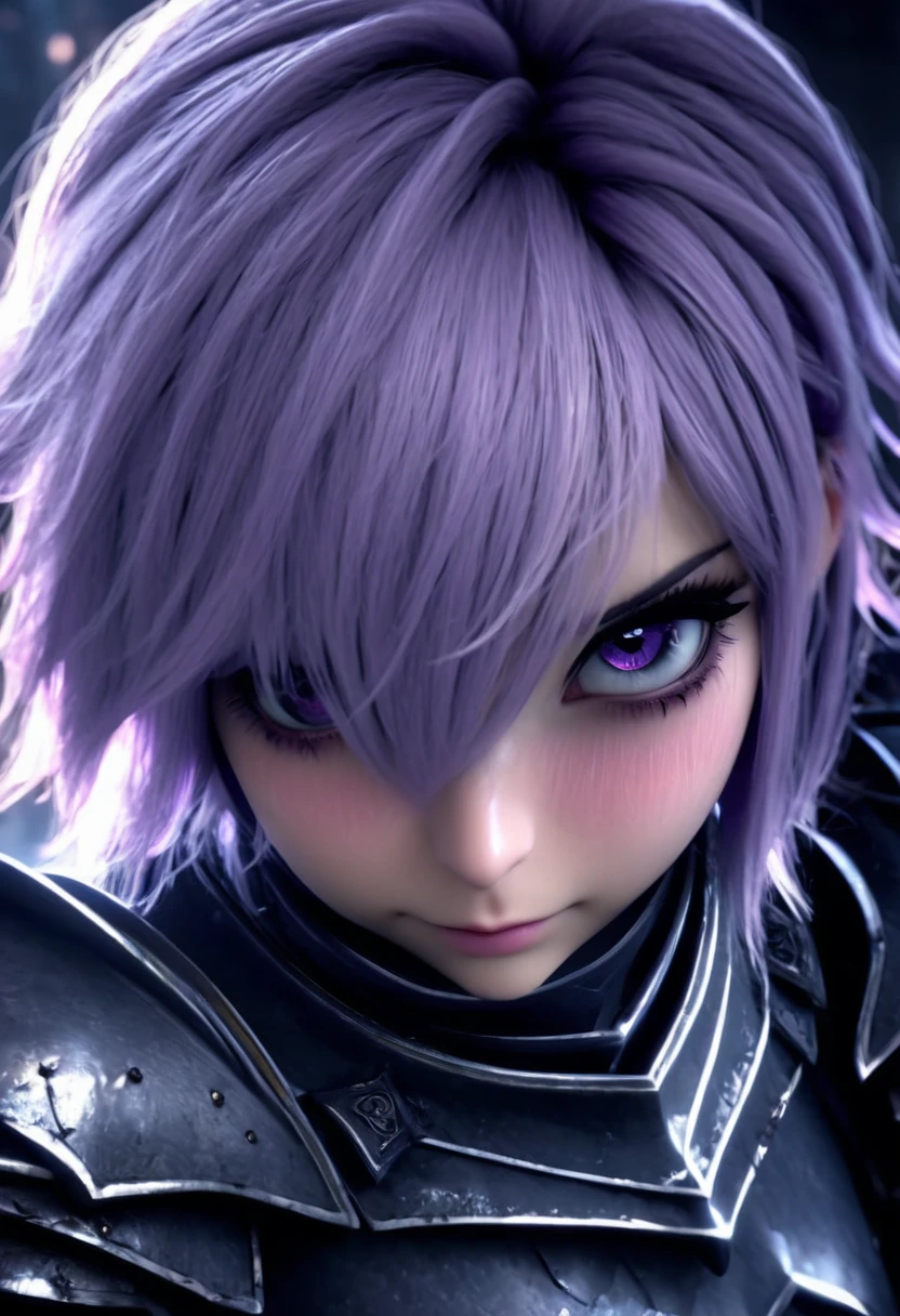 (masterpiece, top quality, best quality, beautiful and aesthetic:1.2), full body, SFW, extremely detailed, detailed face and eyes, cinematic light, depth of field, 1girl, seducing smile, solo, official, (full armored knight:1.4), dark armor, mash kyrielight, light purple hair, short hair, hair over one eye, slim body, cinematic lighting, dramatic lighting, dramatic atmosphere, hyper-realistic, high resolution, stunning contrast, high quality, best quality, 8k, 4k, intricately detailed, (amazing details:1.2), highly detailed skin, powerful presence, vibrant colors, (detailed eyes:1.2), striking eyes, (detailed background), (warzone on background, night, ruins), (dynamic angle:1.2), (dynamic pose:1.2)