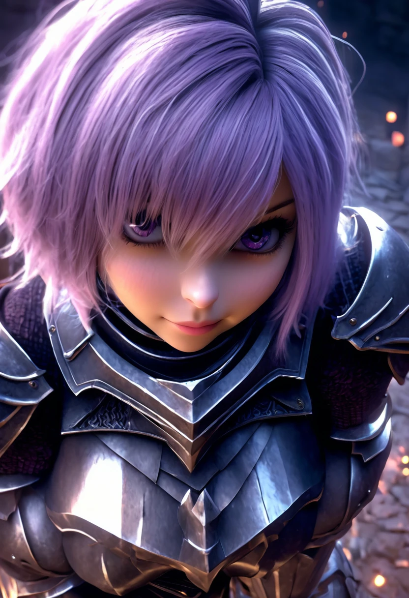(masterpiece, top quality, best quality, beautiful and aesthetic:1.2), full body, SFW, extremely detailed, detailed face and eyes, cinematic light, depth of field, 1girl, seducing smile, solo, official, (full armored knight:1.4), dark armor, mash kyrielight, light purple hair, short hair, hair over one eye, slim body, cinematic lighting, dramatic lighting, dramatic atmosphere, hyper-realistic, high resolution, stunning contrast, high quality, best quality, 8k, 4k, intricately detailed, (amazing details:1.2), highly detailed skin, powerful presence, vibrant colors, (detailed eyes:1.2), striking eyes, (detailed background), (warzone on background, night, ruins), (dynamic angle:1.2), (dynamic pose:1.2)