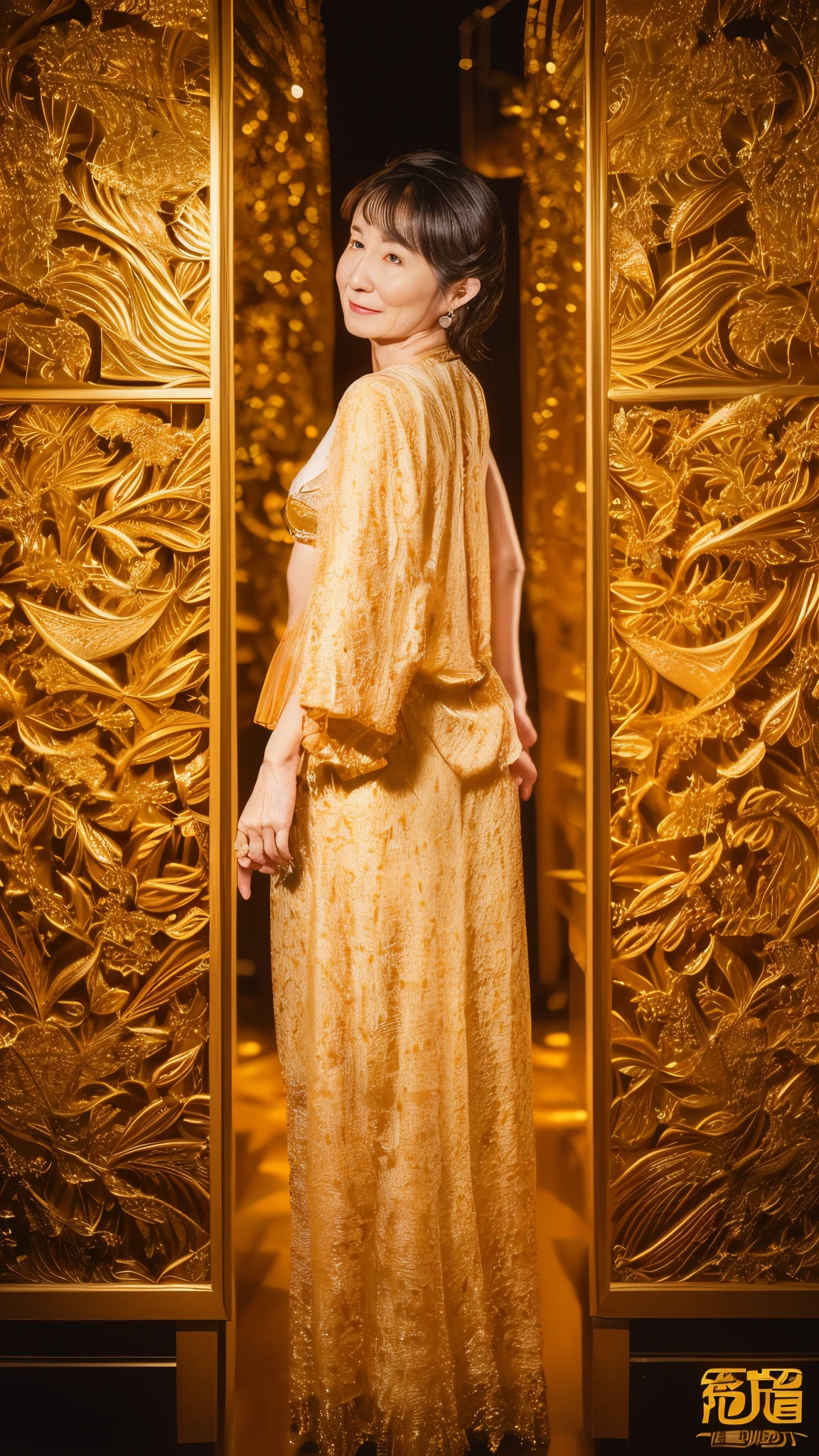 In front of the gold screen, Auntie, Attention, ((Fractal Art)), (((masterpiece))), 8K, Clear images, (((alone))), (((Older Japanese Mature))), (((Hands behind back)))), Natural Hair Color, Facing forward, Wear a flashy bra, gravure, look forward to, ((Mature woman with an old face)),