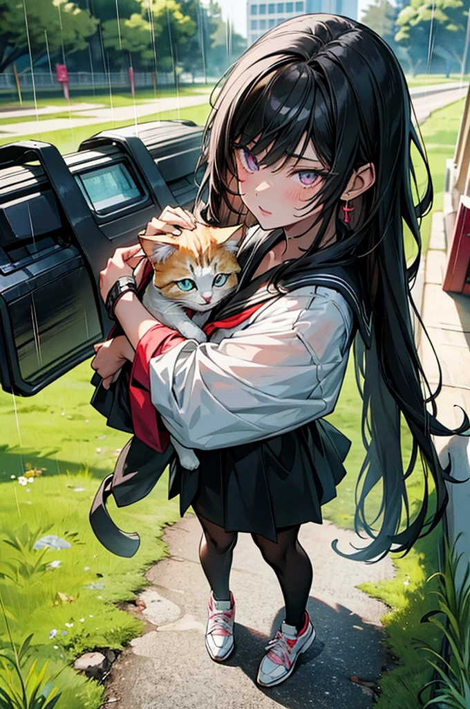 An anime girl, masterpiece, best quality, ultra detailed, 4K, 8K, like a scene from a movie, A mech girl with parts of her body and right eye made of machinery, holding a kitten carefully in the rain. She has glossy, beautiful black hair and a glowing red right eye, wearing a sailor uniform with a lavender ribbon, black knee-high socks, and floral sneakers. In a park, beside a cardboard box in a grassy corner where the kitten, a mixed breed, was abandoned. It's drizzling rain, and the time is evening. The scene is in the style of Japanese anime art, watercolor, and steampunk. Do not include text in the image. --