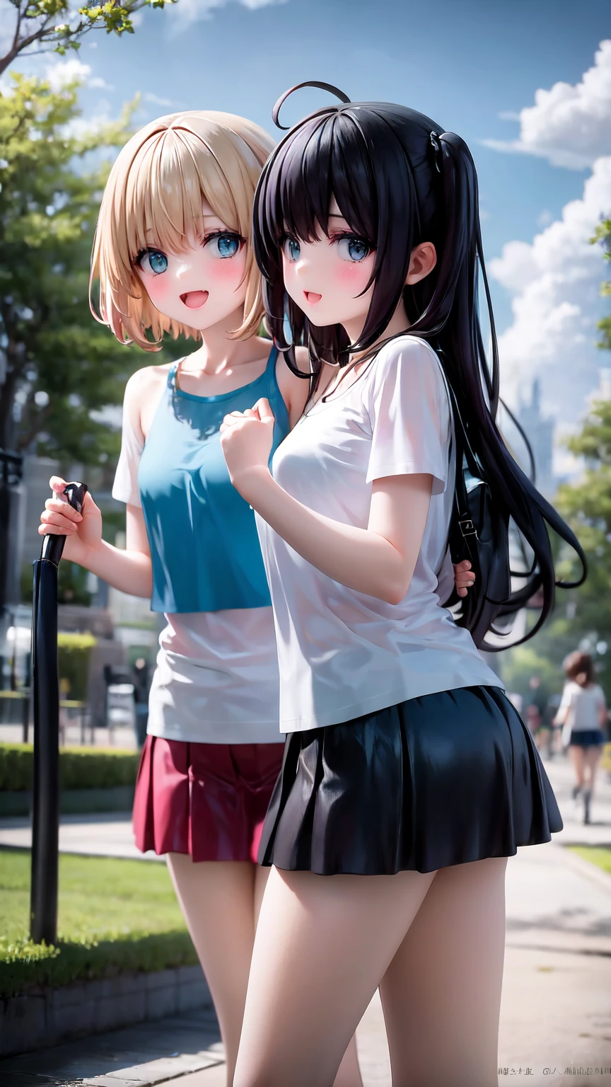 11 year old twin sisters having fun in the park、T-Shirts、mini skirt、camisole