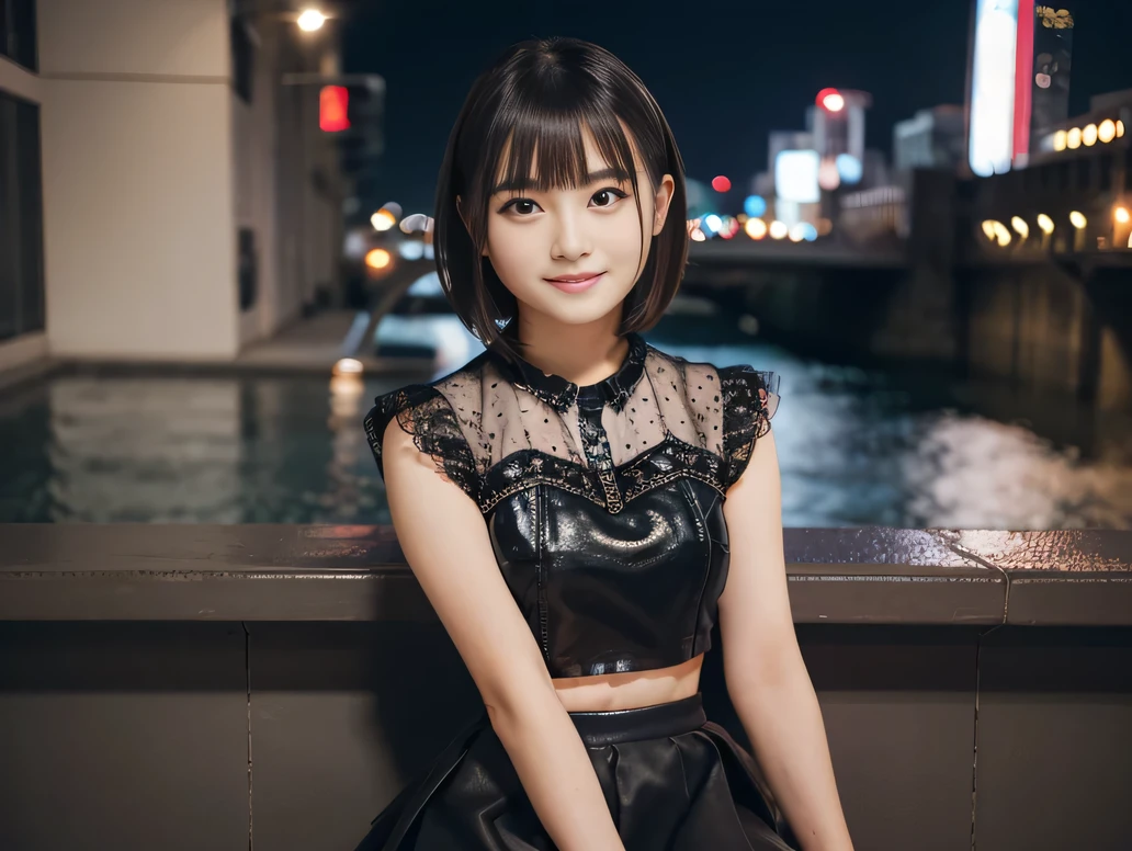 (Highest quality, masterpiece, Ultra-high resolution, 8K, RAW Photos, Realistic, Anatomically correct:1.5), 20-year-old girl:1.2, Embarrassing, avert your eyes, blush:1.0, View Viewer, ((Bar Lounge)) 、Large windows、Night view、 Light:1.2, Bokeh, Cinema Lighting:1.0, Depth of written boundary, sharp、 Cute face、Idol、Black short sleeve tulle top、Black tulle skirt、Black clothing、”(dwarf)”、(Floral clothes)、(Full Body Shot)、Side angle、Cowboy Shot、 smile、(Ultra short hair)、(Short bob cut)、(Straight bangs)、((See-through clothing))、(( One Girl))、Large Breasts、I can see your belly button、