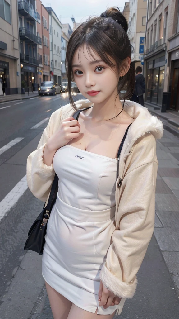 European Streets,One woman,fully body photo,masutepiece, The highest image quality, High quality, the background is clear,Beautiful woman, Japanese, Detailed, Detailed eyes, Detailed skin, Beautiful skin, 超hight resolution, (reality: 1.4),Very beautiful woman, Slightly younger face, Beautiful skin, slender, (Ultra photo realsisim), (hight resolution), (8K), (Very detailed) (beautifully detailed eyes), (super detailed), (Detailed face), view the viewer, Fine details, Detailed face, Staring straight ahead, Staring straight ahead, photos realistic, Bright lighting, Professional Lighting, Black hair,poneyTail,a baby face,fifteen years old,Hairstyle is ponytail,long ponytail hairstyle,slight smile,neat and tidy clothing,European Streets,Beautiful Japanese KPOP idol photo, hair style is ponytail, my eyes are double and wide, baby face, smile and look straight ahead, slender, small breasts,neat and tidy clothing,winter Clothing,snowing,wears a Winter coat,
