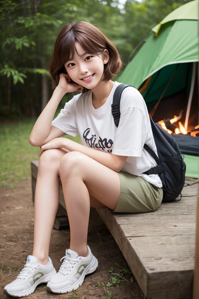 すっぴん、Camping tent, junior high school third grade, ((full body)), ((photo)), ((best qualtiy, 8K, tmasterpiece:1.3)), Focus:1.2, perfect figure beautiful child:1.4, 1, cowboy shot, look at viewer, eyes facing the camera, incredibly absurd, beautiful and cute  with a photorealistic face, showcasing top-quality craftsmanship, A Japanese girl gazing at the campfire at a campsite, 15 years old, short hair, wavy and shiny, crimson hair, big eyes, long eyelashes, smiling face, white teeth, round face, small nose, smooth skin, fair skin, red lips, pink cheeks, lively expression, , delicate, well-balanced proportions, slim, 155cm tall, thin limbs, small A-cup breasts, khaki T-shirt, camouflage shorts, sneakers, beautiful girl, younger sister attributes, active, sociable, cheerful, optimistic, brave, curious, August