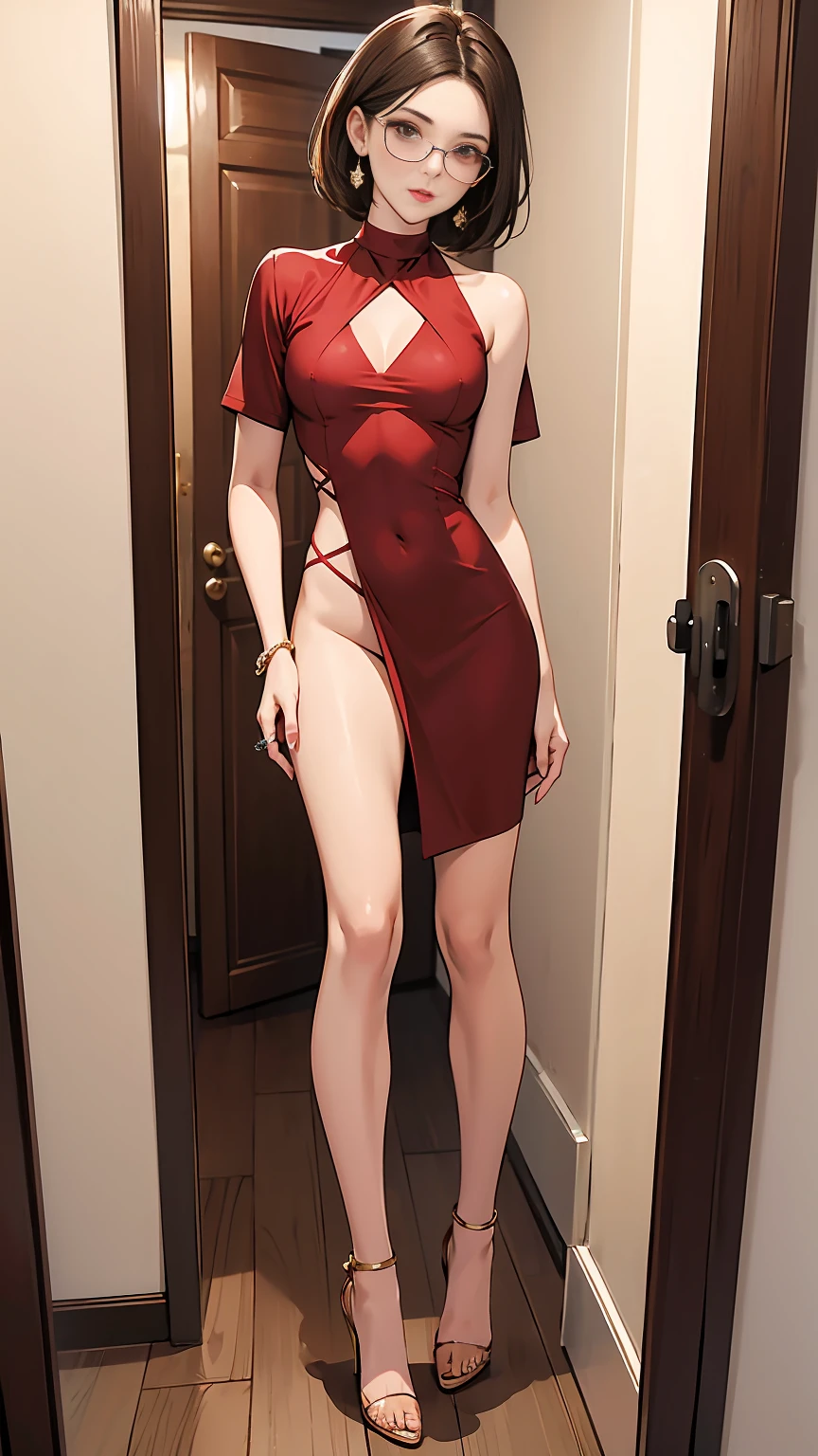 Beautiful young girl with short straight brown hair with brown eyes wearing a Red Mock Neck Cut Out Tight And Short Dress, Sexy Criss Cross Mock Neck Dress With Short Sleeves, luxurious jewelry and luxurious necklace, rimless glasses, high heel shoes, standing in a changing room at night, (caucasian skin), (light brown lipstick), (elegant mascara), (slim body with abs), (small breasts), (wide hips), midjourney, <lora:GoodHands-, <lora:GoodLegs-, UHD, high resolution, (masterpiece:1.9, best quality), (expressive eyes, perfect face, full body, expressive face, perfect body, perfect pussy, athletic, fit, slim body, blushing, Perfect makeup, eyeliner, beautiful eyelashes, smiling, horny face), ((best illumination, best shadows)), ((sexy pose)), ((13 years old))