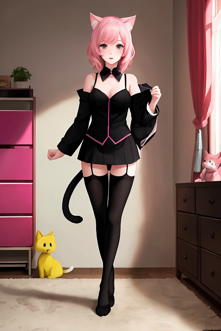 score_9,score_8_up,score_7_up,masterpiece, top quality, best quality, official art, beautiful and aesthetic, animation, , 1girl with cat ear, perfect figure, pink hair, complicated details, bedroom, change of clothes, (black stockings:1.5), shy cat woman, rummaging through wardrobe ,