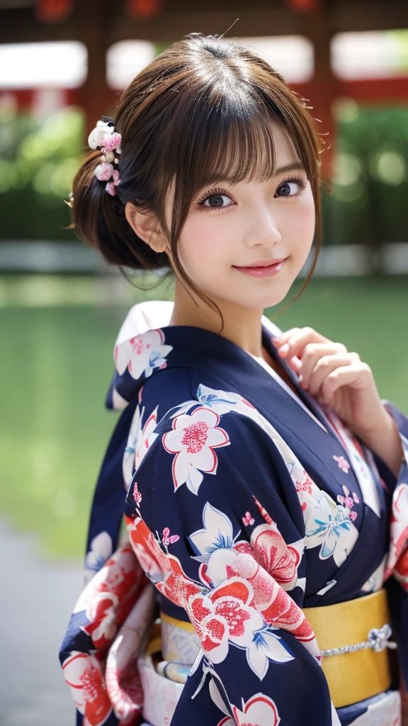 overtake high resolution, (realistic: 1.4), Raw photo, 最high quality, (Photorealistic), concentrated, soft light, ((15 years old)), ((Japanese)), (front, young face))), (Depth of the bounds written), (one piece), masterpiece, (Photoreal), woman, bangs、One beautiful Japanese model, 15 years oldwomanモデル, 4K、overtake high quality、bangs、black haired、kimono, furisode、Japanese style floral pattern:1.5、Idol-like overtake cute face:1.4、slim and beautiful body、beautiful breasts、laughter、Full body Esbian:1.2、Enhanced dynamic perspective，cute cute beautiful girl，beautiful skin, look at me and smile，simple background，works of masters，high quality，4K resolution，overtake