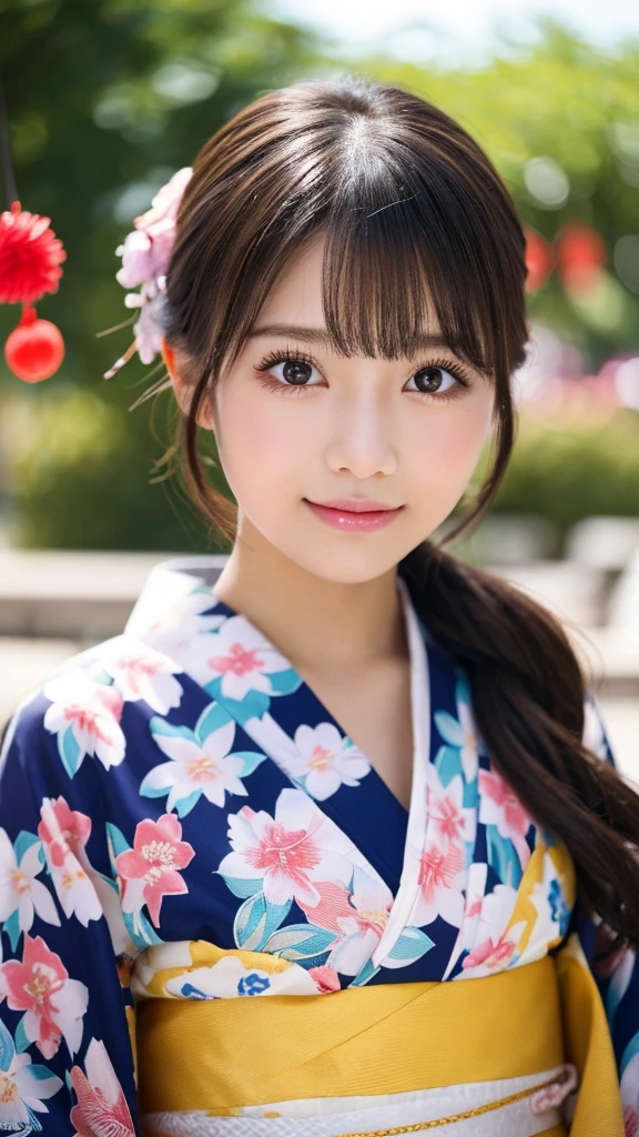 (8k、high resolution、High resolution、Fine details)Beautiful eyelashes、High resolutionの顔、Zoom out、18 years old、 Beautiful detailed eyes、Random cute hairstyles、yukata、Summer festival、Japan、Standing posture、whole body、美しいヒップライン