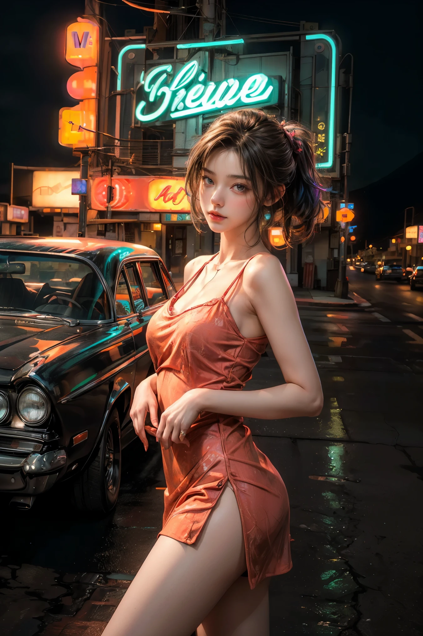 ((masterpiece, best quality, Best image quality, high resolution, realistic, raw photo, 8K)), Araped view of motel with cars parked in front, with neon sign, Woman waiting for guests in front of motel, Temptation, short dress and high heels, route 66, neon sign, 1 9 5 0 Second Americana Tourism, some have neon sign, Neon Lights Outside, neon advertising, gigantic neon sign, neon stores, few neon sign, neon sign in background,