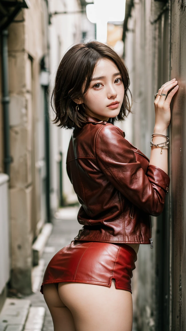 (Masterpiece, BestQuality:1.3), (ultra detailed:1.2), (hyperrealistic:1.3), (RAW photo:1.2),High detail RAW color photo, professional photograph, (Photorealistic:1.4), (realistic:1.4), ,professional lighting, (japanese), beautiful face, (realistic face), cute woman, (Brown Hair, Big Breasts:1.5), (cheerful Smile:1.5), Trending Hair&Trending Hairカラーをランダムに, earrings, necklace, bracelet, sexly, erotic sexly, Random sexy gravure poses, (((Sexy woman in a red leather miniskirt and jacket、Dark Back Alley、Give a strong look、short hair、Leaning on the wall with hands on the wall。:1.2), Beautiful location, (Detailed Background), Random composition)