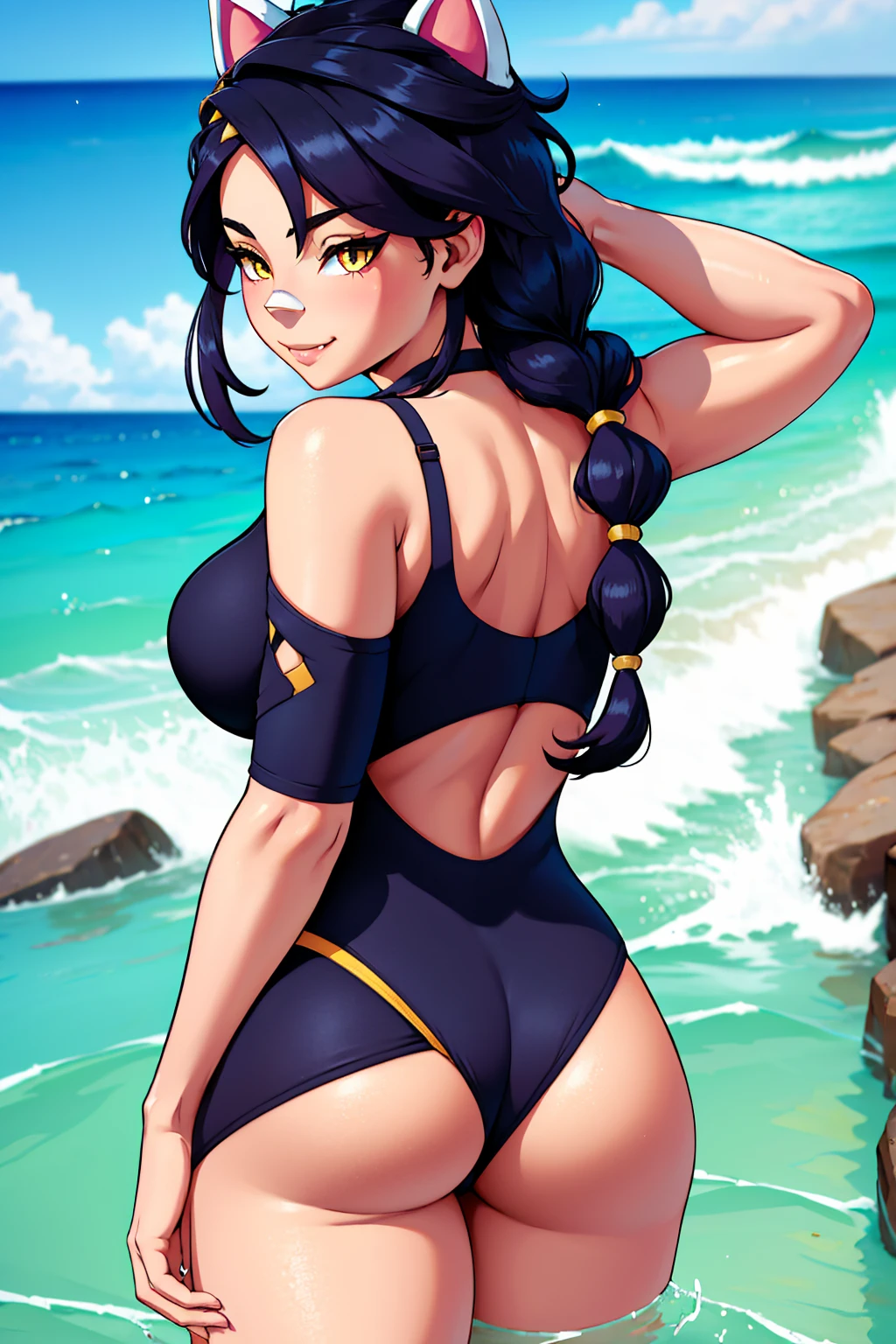 Erisa, 1girl, solo, long hair, looking at viewer, black hair, bandaid on face, yellow eyes, animal ears, smile, bandaid on nose, braid, cat ears, bandaid, bangs, breasts, fake animal ears, simple background, fang, bare shoulders, scar, bare shoulders, closed mouth, hair over one eye, portrait, hair over shoulder, legs, seductive, bathing suit, 2 piece swimsuit, beach, realistic, highly detailed face, detailed eyes, best quality, masterpiece, ultra detail, ultra high res, extreme detail, 8k, uhd, voluptuous, curvy, thick thighs, milf, butt, ass, round ass, from behind, holding up butt, 