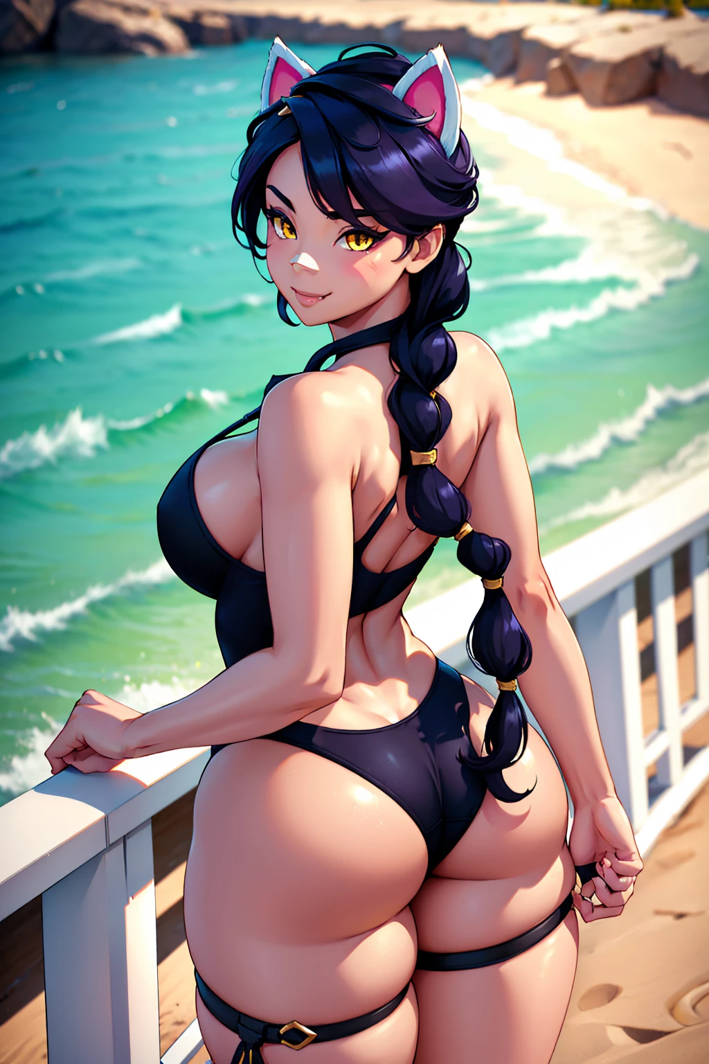 Erisa, 1girl, solo, long hair, looking at viewer, black hair, bandaid on face, yellow eyes, animal ears, smile, bandaid on nose, braid, cat ears, bandaid, bangs, breasts, fake animal ears, simple background, fang, bare shoulders, scar, bare shoulders, closed mouth, hair over one eye, portrait, hair over shoulder, legs, seductive, bathing suit, 2 piece swimsuit, beach, realistic, highly detailed face, detailed eyes, best quality, masterpiece, ultra detail, ultra high res, extreme detail, 8k, uhd, voluptuous, curvy, thick thighs, milf, butt, ass, round ass, from behind, holding up butt, 