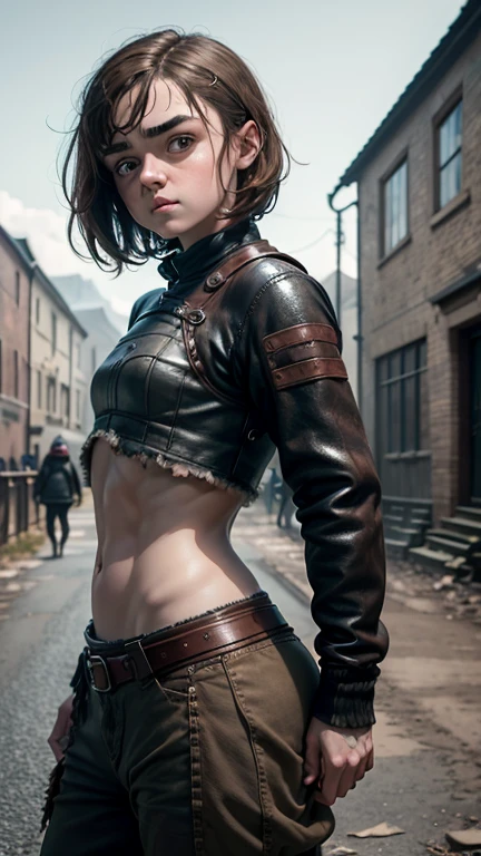 8k, Maisie Williams face, toned abs, small breast, round ass, her round ass visible, brown hair, Maisie Williams as Arya Stark, torn ragged clothes, standing stance, winterfell in background