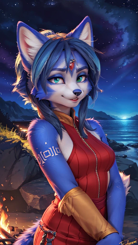 A beautiful and detailed (sweet portrait) wa ((Krystal)), Star Fox Krystal, sslim, lovable, green eyes, medium breasts, (((Long blue hair 1.3))), Decollete, anthro, furry, Uploaded E621, detailed fluffy fur, (wa Fluff-Kevlar, Bayard Wu, Personalami, Pino Daeni), detailed face, (fluffy), 1 girl, alone, sweet girl, Fur dresses, tattooed arms, dark shadows, smiling, at a beach, in the night time, Stars in the sky, dark blue sky, lit by a campfire, 4K