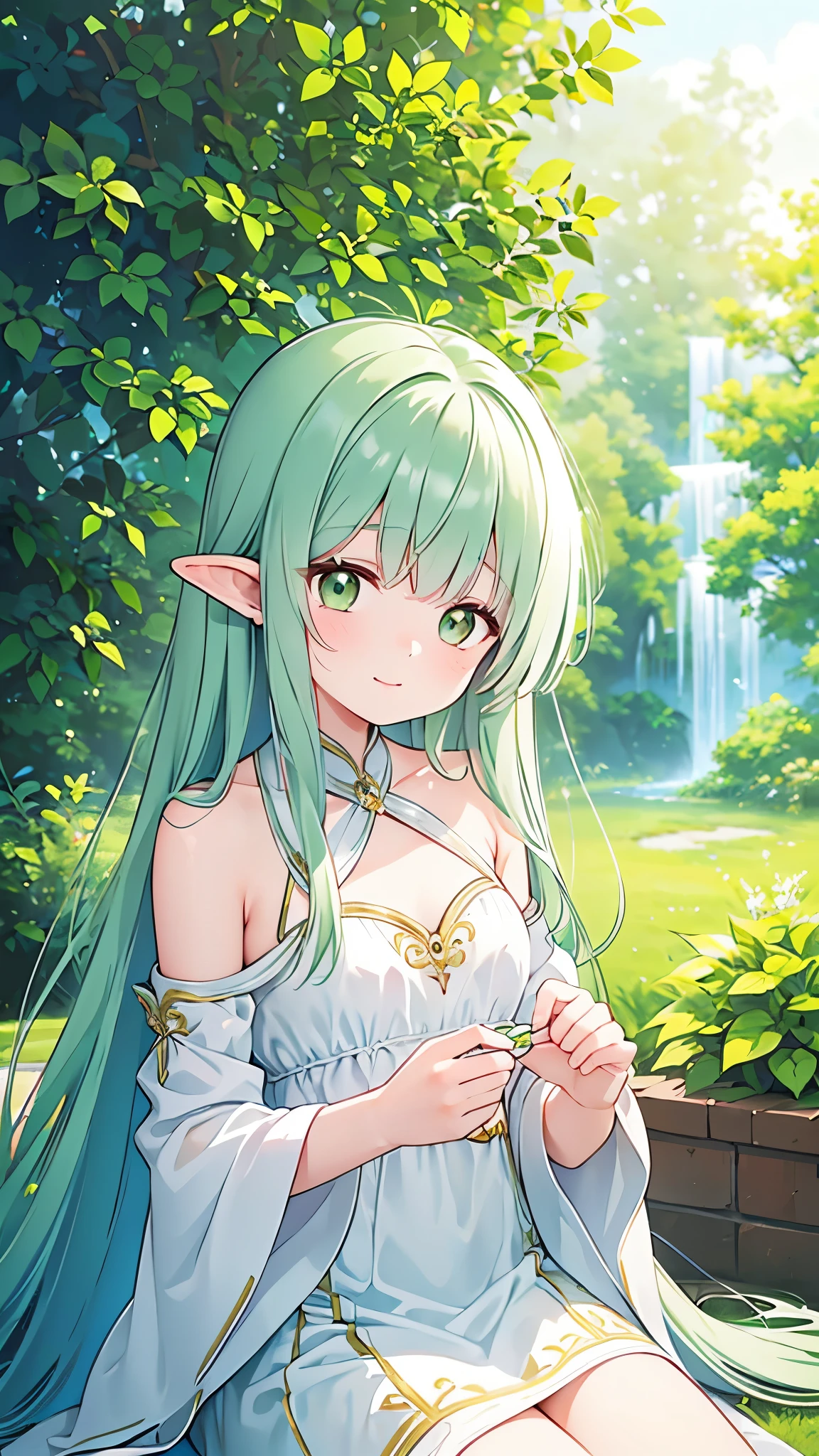 Name: Virides
Element: VERDANTHIA
Description: A serene and gentle guardian from the enchanted forest, Virides is a protective spirit with the power to heal and nurture all forms of plant life. With vines oft entwining her limbs and hair, she carries an ancient cudgel tipped with emerald, imbued with the essence of life and growth.
Prompt: ((((Arborae izuna, Maxima qualitas, ultra alta resolución)))), 1girl, serene, sitting, (green hair, leaves entwined:1), long winding hair, (fair elven skin), ((emerald eyes)), ((shimmering medium-bright eyes)), (((detailed face, leaves in hair texture:0.8))), ((centered, slightly angled to the side)), (full shot), facing viewer, (((outdoors, sun near sunlight, blooming flowers:0.9))), C cup, twin-tailed, ((looks soothing, tilting head)) (((expressive face, gentle smile, gentle demeanor))), (((radiant, soft light, nature based backdrop))), 25 years old, calm, peaceful, allows nearby plants to grow, chokes non-nurturing organisms