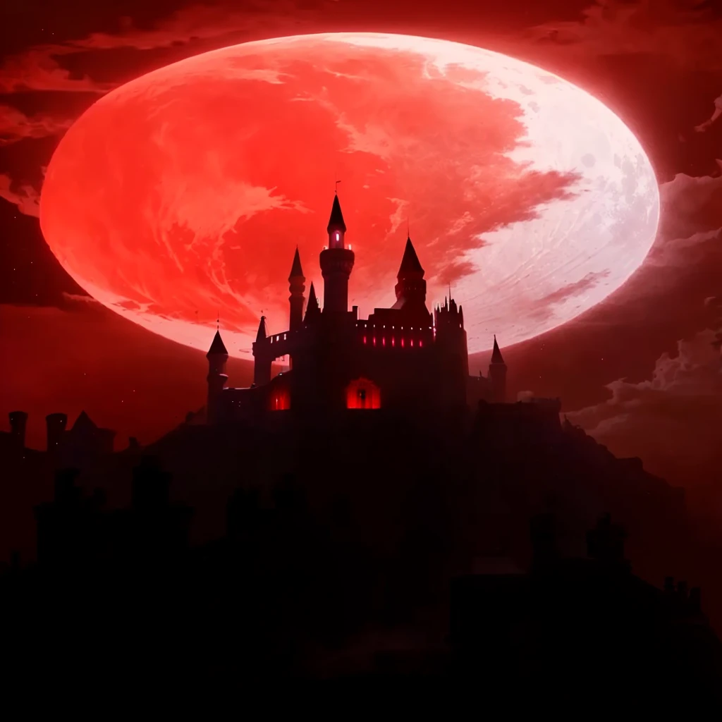 arafed castle with a Luna Roja in the background, castlevania, inspirado en Castlevania, Luna de sangre background, Luna de sangre, blood Luna Roja, praise the Luna de sangre, during a Luna de sangre, full Luna de sangre, bruja de castlevania, huge Luna Roja, Luna Roja, castelvania, Luna de la Generación Roja Sangre, full Luna Roja, Fondo sombrío del castillo