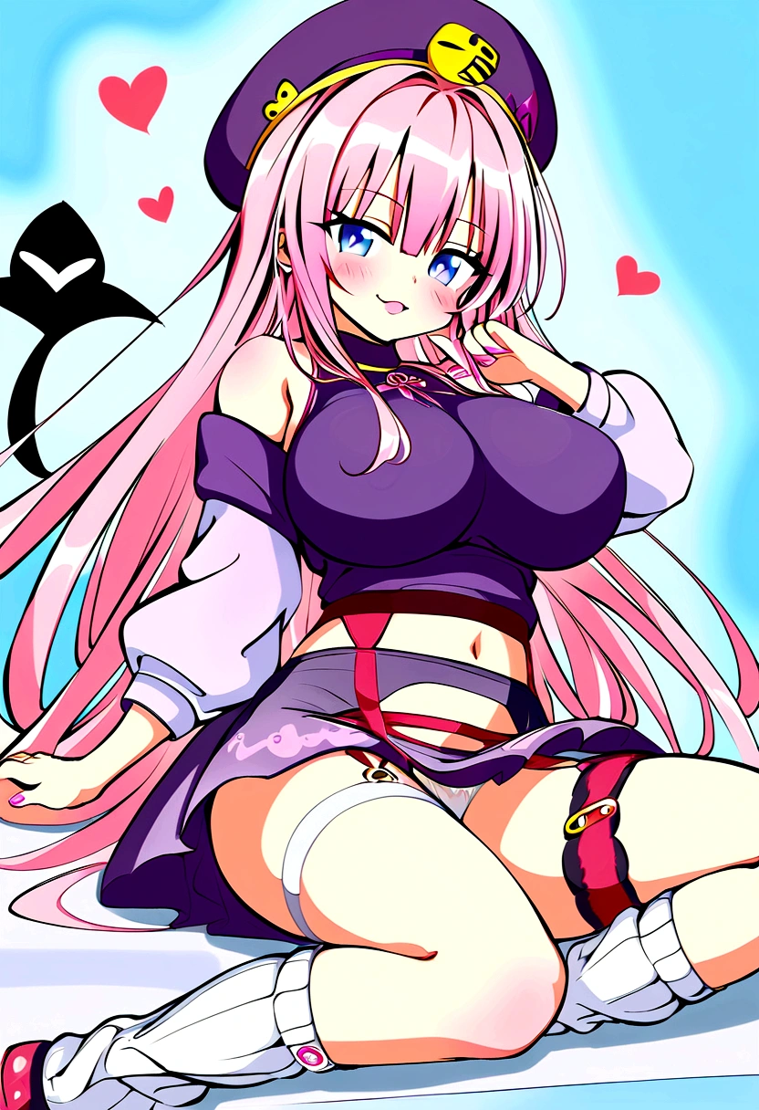 To Love-Ru、Purple off-the-shoulder mini skirt dress、Pink Hair、Big Breasts、White panties、Light purple loose socks、Provocative look、Raw thighs、Light blue eyes、Right thigh garter belt