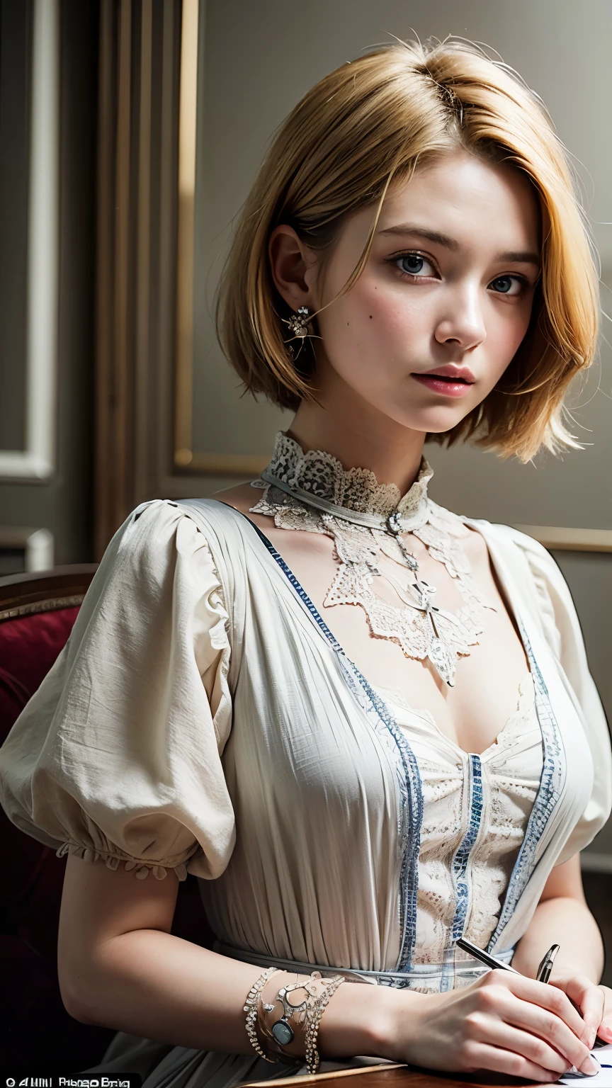 (masterpiece: 1.2, Highest quality), Realistic, (Realistic Picture, Intricate details, Depth of written boundary), Highest quality, masterpiece, Very detailed, Semi Realistic, 1 Girl, Mature Woman, 21 years old, Blonde, shoulder-length short hair,, The left eye is covered with hair, blue eyes, King's Clothes, Red Cape, Slim figure, A crown made of precious gold, Read the document, Document marking, Goose hair pen, Office Table, Soft bench, palace, palaceで, middle ages