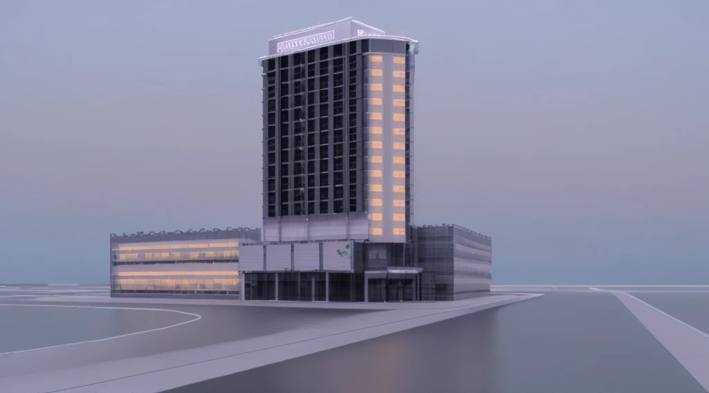 modern hotel beside a lake, many tree