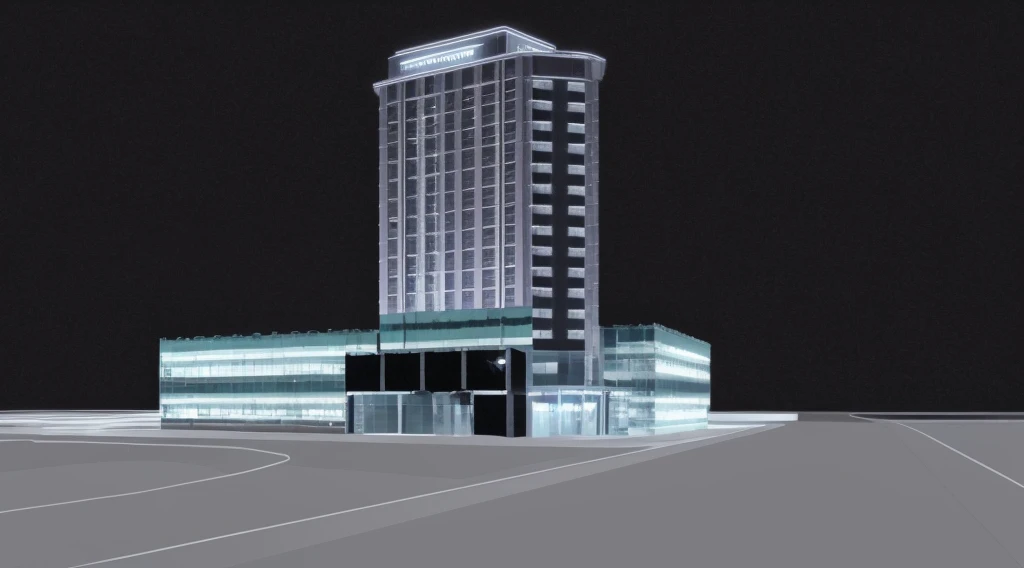 modern hotel beside a lake, many tree