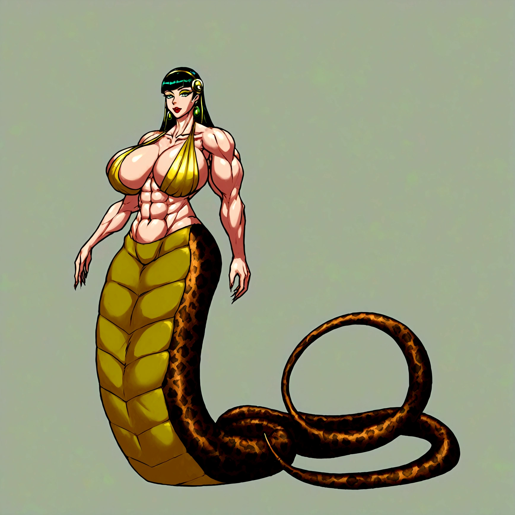 Lamia, long snake tail, cleopatra hair, extreme muscle, big breasts, 4 arms, full body.