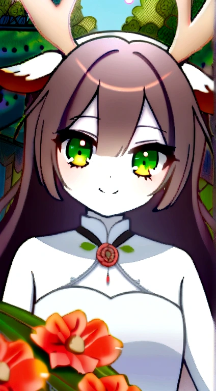 1 girl, (ulzzang-6500:0.7), deer ears, White dress, brown fur, green eyes. flores, garden background, smiling, White skin, tender, small deer tail, red cheeks