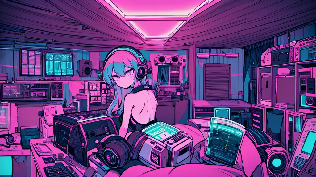 Best quality, (masterpiece), best detail face,1 girl, big breasts, 18 yo, 8k,absurdres,unity 8k wall paper,(extremely detailed:1.3), highest realistic, (retro headphones:), (soft neon light:), (psychedelic), Her room full of music equipment and plants, Light clothing in summer, See the whole room, She is leaving the room, natural color palette
