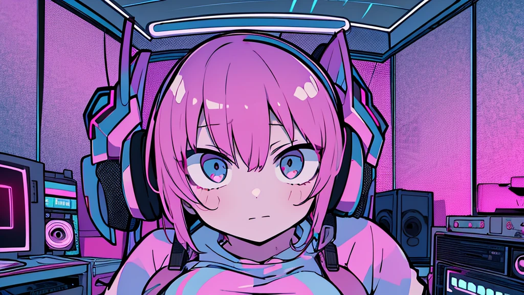 girl, rabbit, furry, bodyfur, tail, pink bow, pink collar, pink bra, bottomless, pink gloves, pink boots, chibi, sparkling eyes, some perfect pussy, laboratory, pink headphones, driving robot
