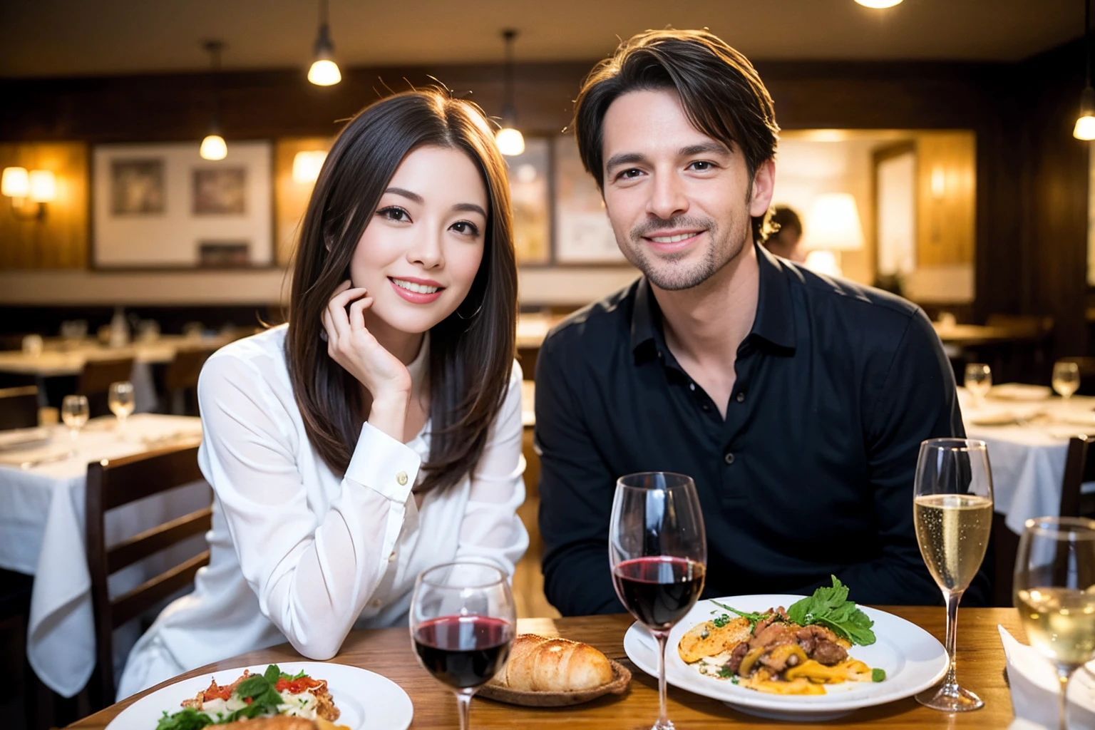 ((Highest quality、、masterpiece:1.3))、1 male、1 female、spouse、Beautiful couple、smile、full-course dinner、 (Slim face), (the body is スリム), (Brown Hair), (Shortcuts), ((Bob Hale、Straight hair:1.2)), テーブルの上のwine glass、Shine light on your face、 Amazing view of the sunset sky and clouds、smileの美しさ、Bright image、Blushing, Shortcuts, (43 years old), 39 years old, Appetizers、Italian food、Wine bottle、Champagne、sparkling wine、Long sleeve shirt、dress、Attractive beauty、restaurant, Nova Frog Style, actress, model, Upper Body, White wine, red wine, wine glass,