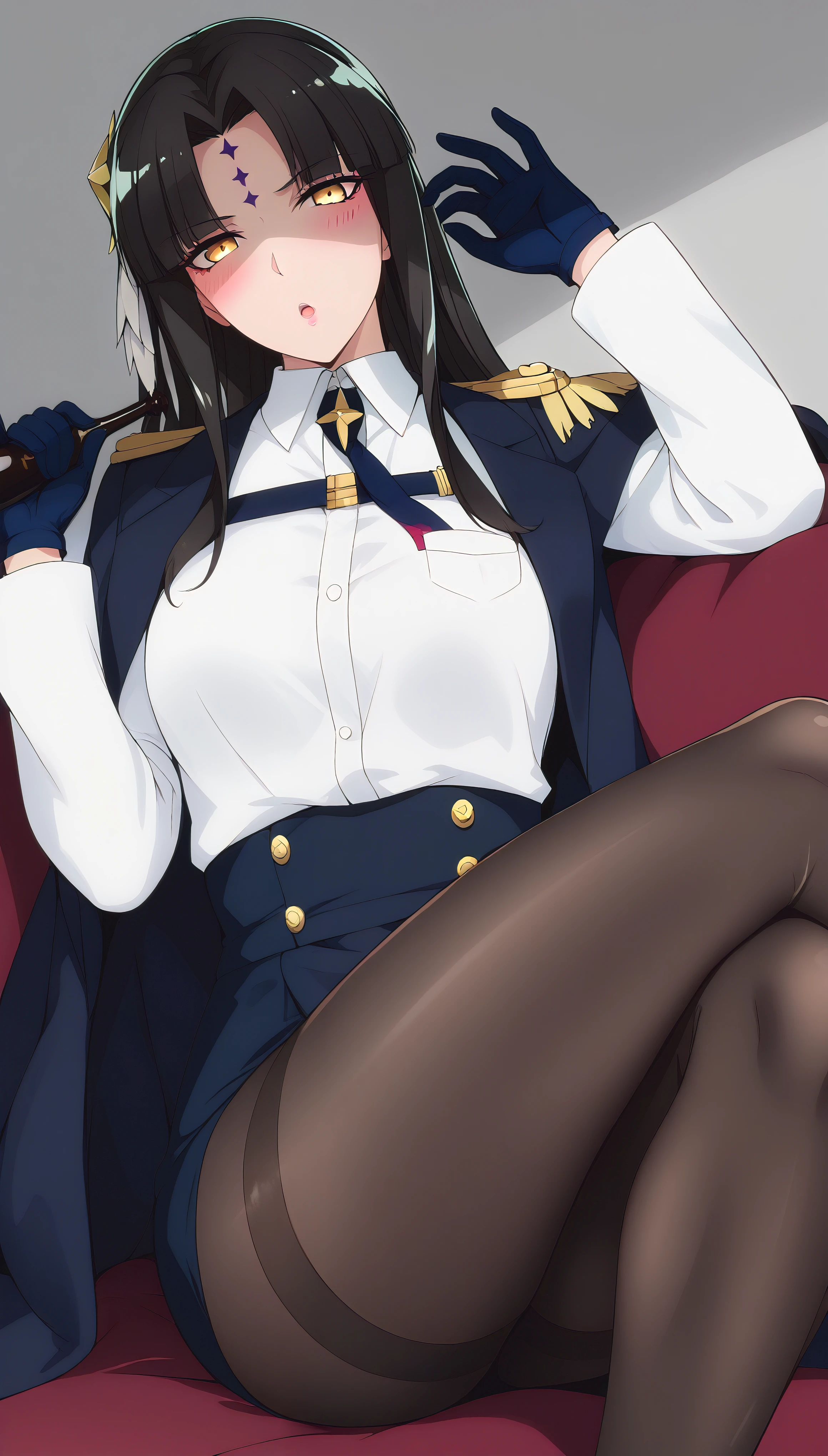 score_9, score_8_up, score_7_up, source_anime, michikotanaka, michiko tanaka, long hair, black hair, yellow eyes, facial mark, forehead mark, michiko_tanaka_mahoushoujoniakogarete, anime_style, (long hair, black hair:1.3), forehead, forehead mark, hair ornament, BREAK (masterpiece:1.2), best quality, high resolution, unity 8k wallpaper, (illustration:0.8), (detailed eyes:1.3), extremely detailed face, perfect lighting, extremely detailed CG, (perfect hands, perfect anatomy), (small breast:1.3), narrow waist, gloves, looking_at_viewer,  solo, pantyhose, shirt, blush, white_shirt, jacket, collared_shirt, anime coloring, anime screencap, hair ornament, drunk, open mouth, blush face, crossed legs, ok-sign,  