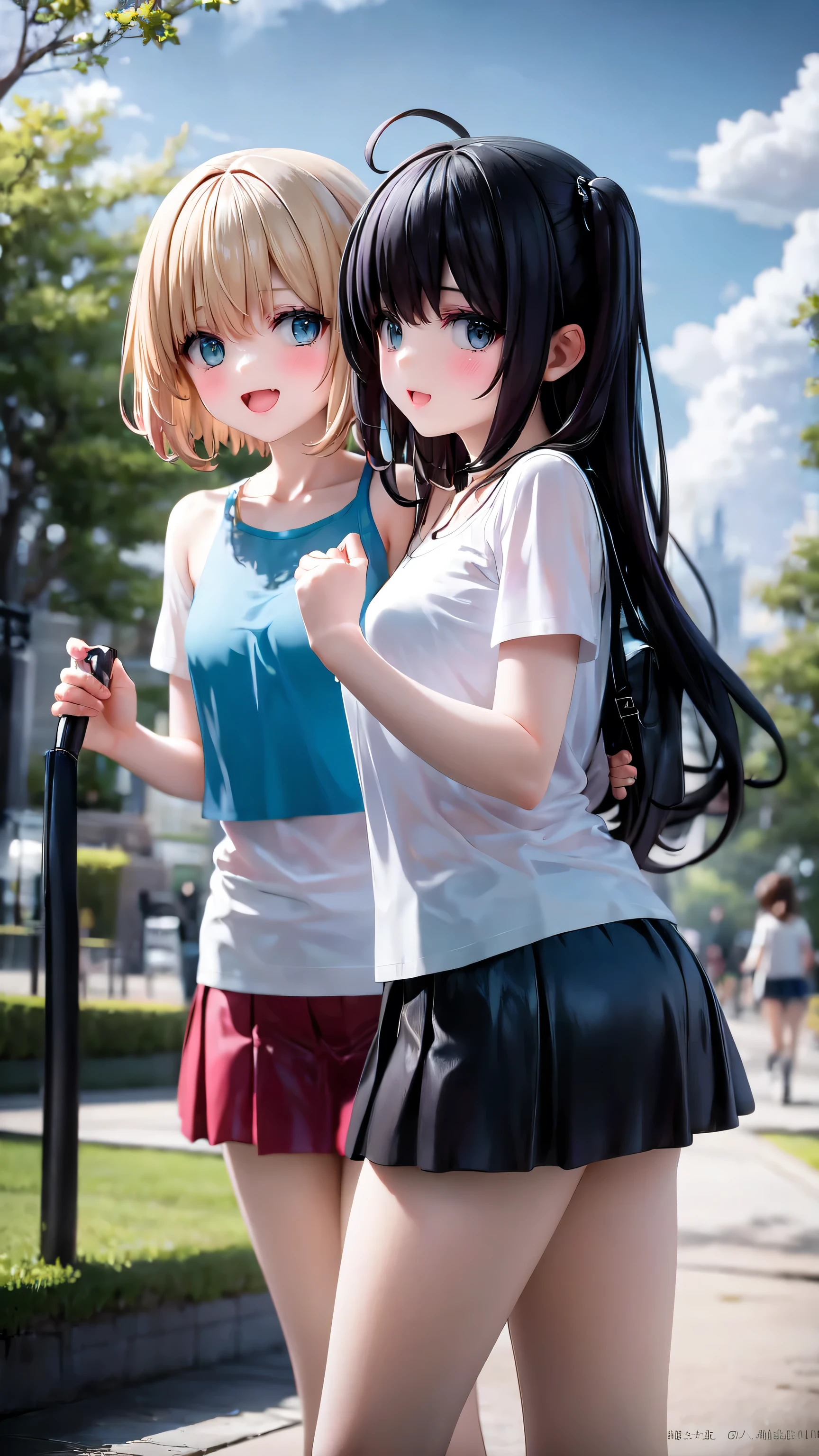 twin sisters having fun in the park、T-Shirts、mini skirt、camisole
