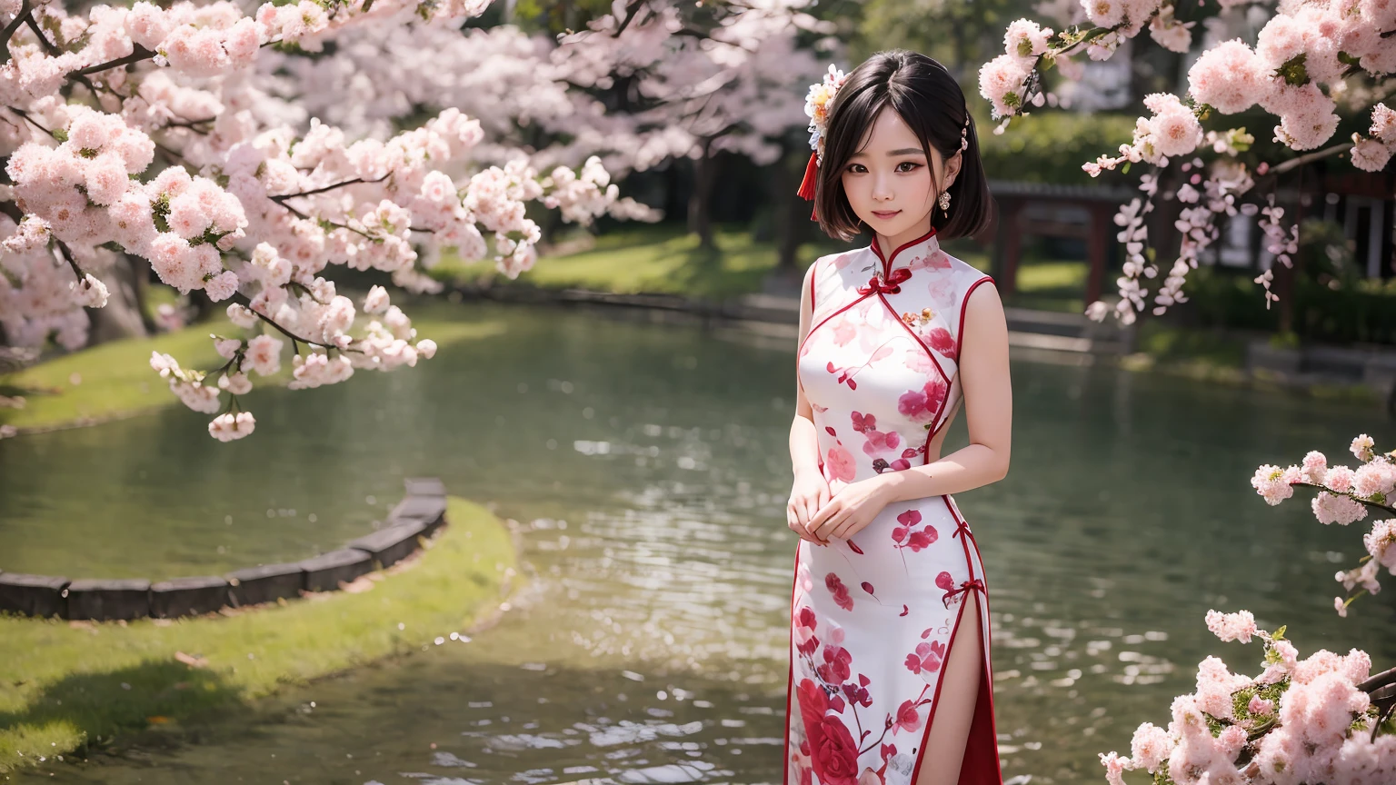1 beautiful girl, (cheongsam with plated armor at upper arms:1.2), showing cleavage, standing in a traditional chinese garden with cherry blossom
