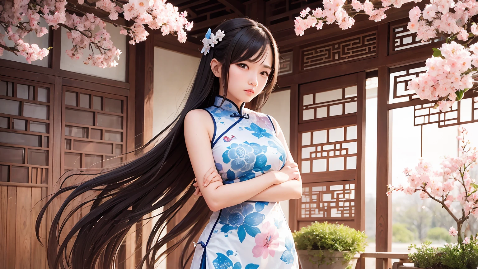 1 beautiful girl, (cheongsam with plated armor at upper arms:1.2), showing cleavage, standing in a traditional chinese garden with cherry blossom