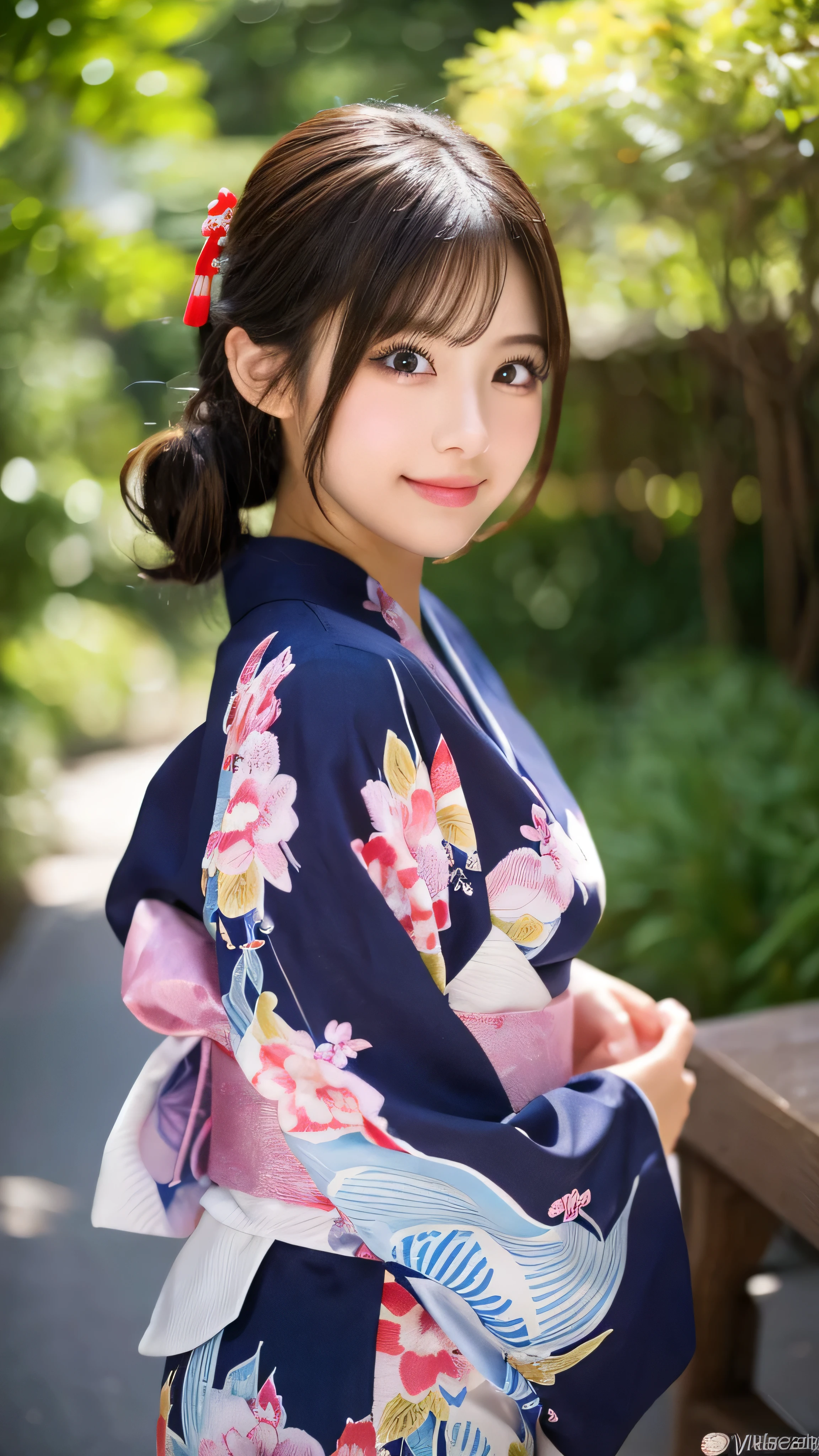 (8k、high resolution、High resolution、Fine details)Beautiful eyelashes、High resolutionの顔、Zoom out、18 years old、 Beautiful detailed eyes、Random cute hairstyles、c cup breasts、yukata、Summer festival、Japan、Standing posture、whole body
