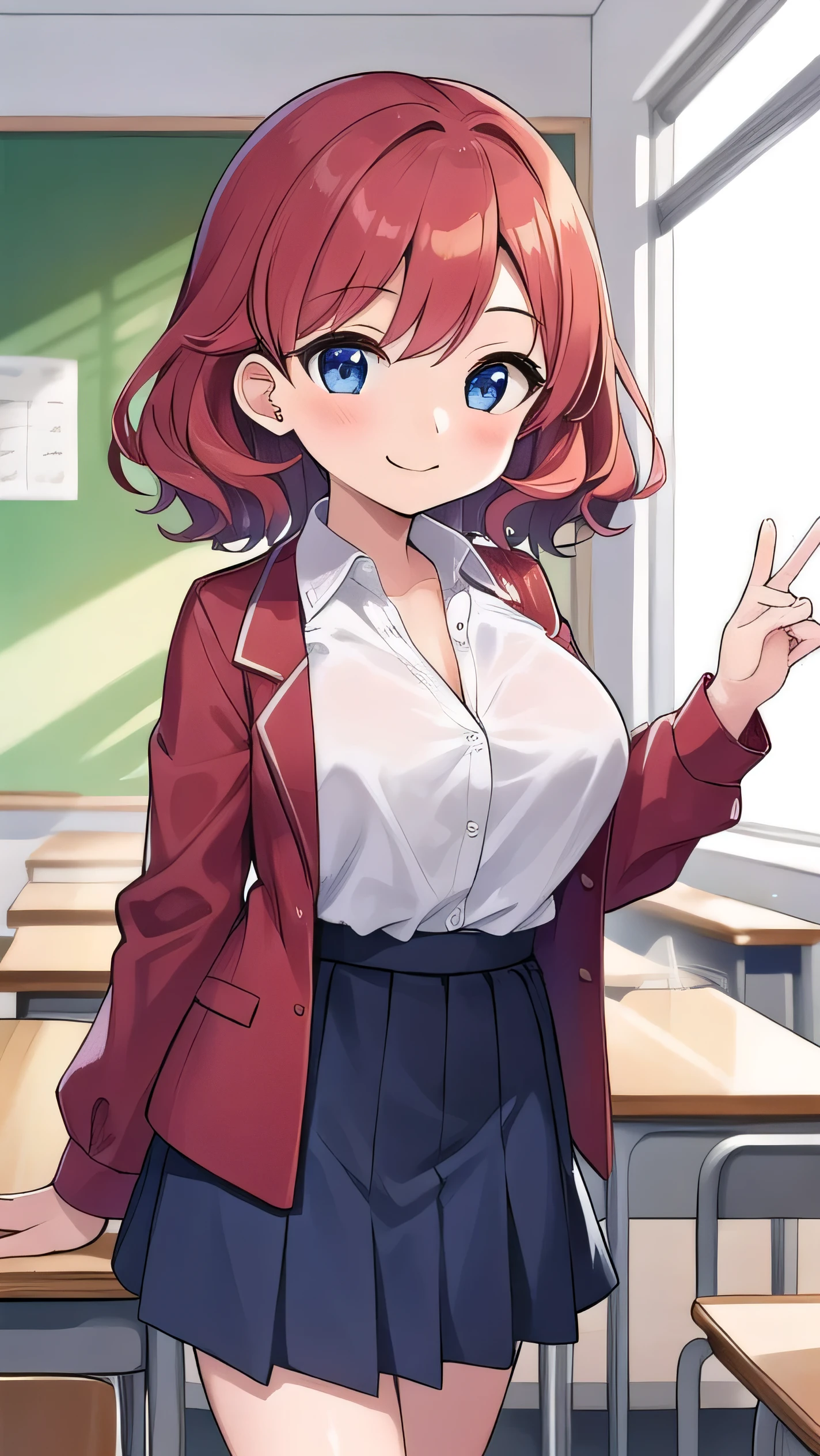 Big breasts, red hair, blue eyes, droopy eyes, red jacket, long sleeves, navy skirt, elementary school student, super big breasts, (medium hair: 1), baggy clothes, elementary school student, young face, short height, , old, shy Agari, smiling a little, trying to unbutton his shirt in the classroom, white shirt, soft hair,straight hair , gentle smile, a little smile ,